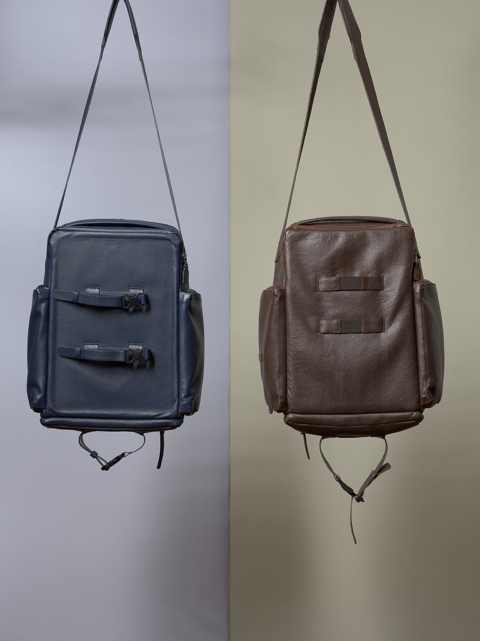 Capra Leather Bike Rack Bag in blue and dark brown leather, showcasing shoulder strap and pannier attachments.