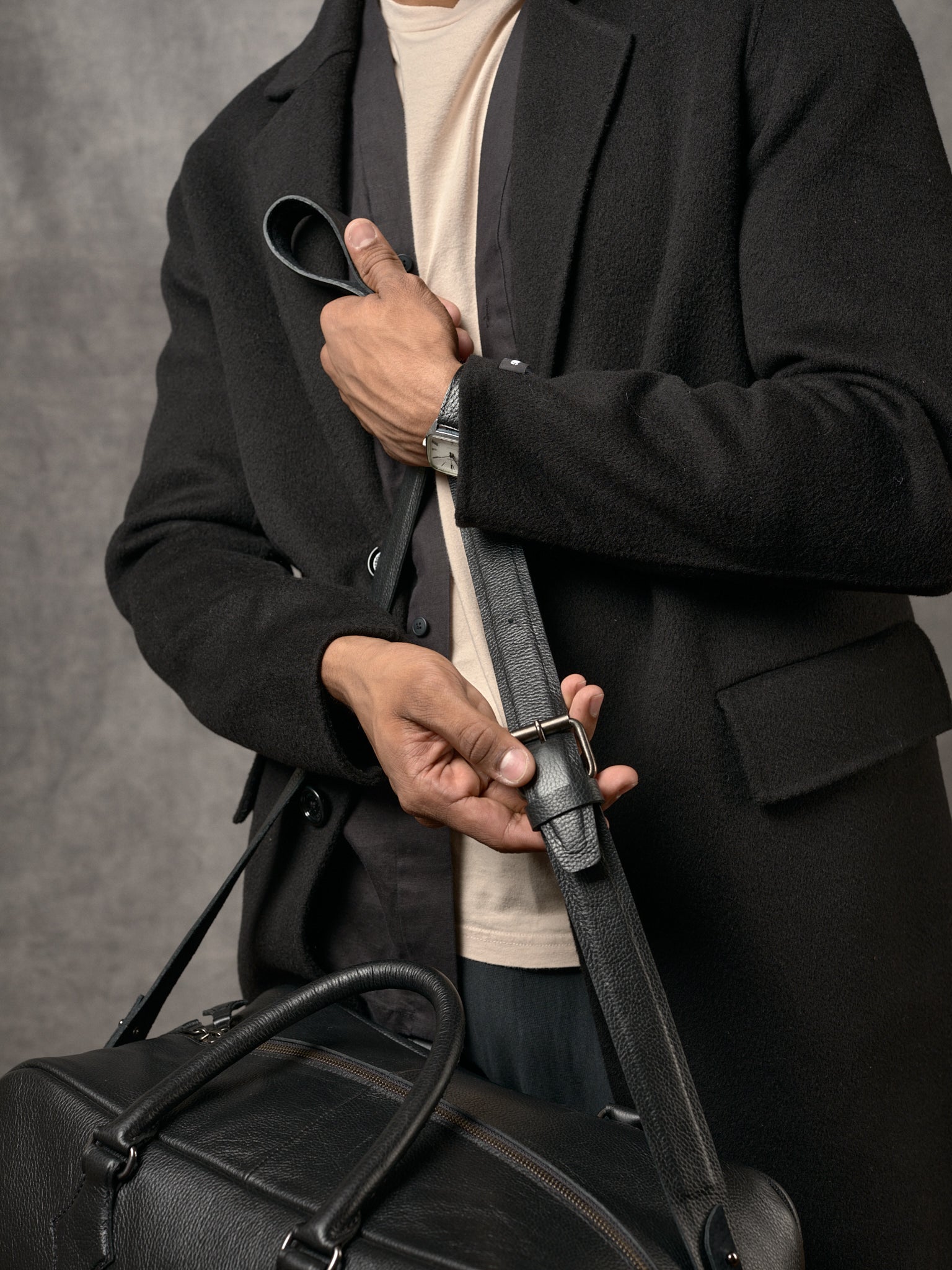 Adjustable Shoulder Strap. Black Duffle Bag by Capra Leather