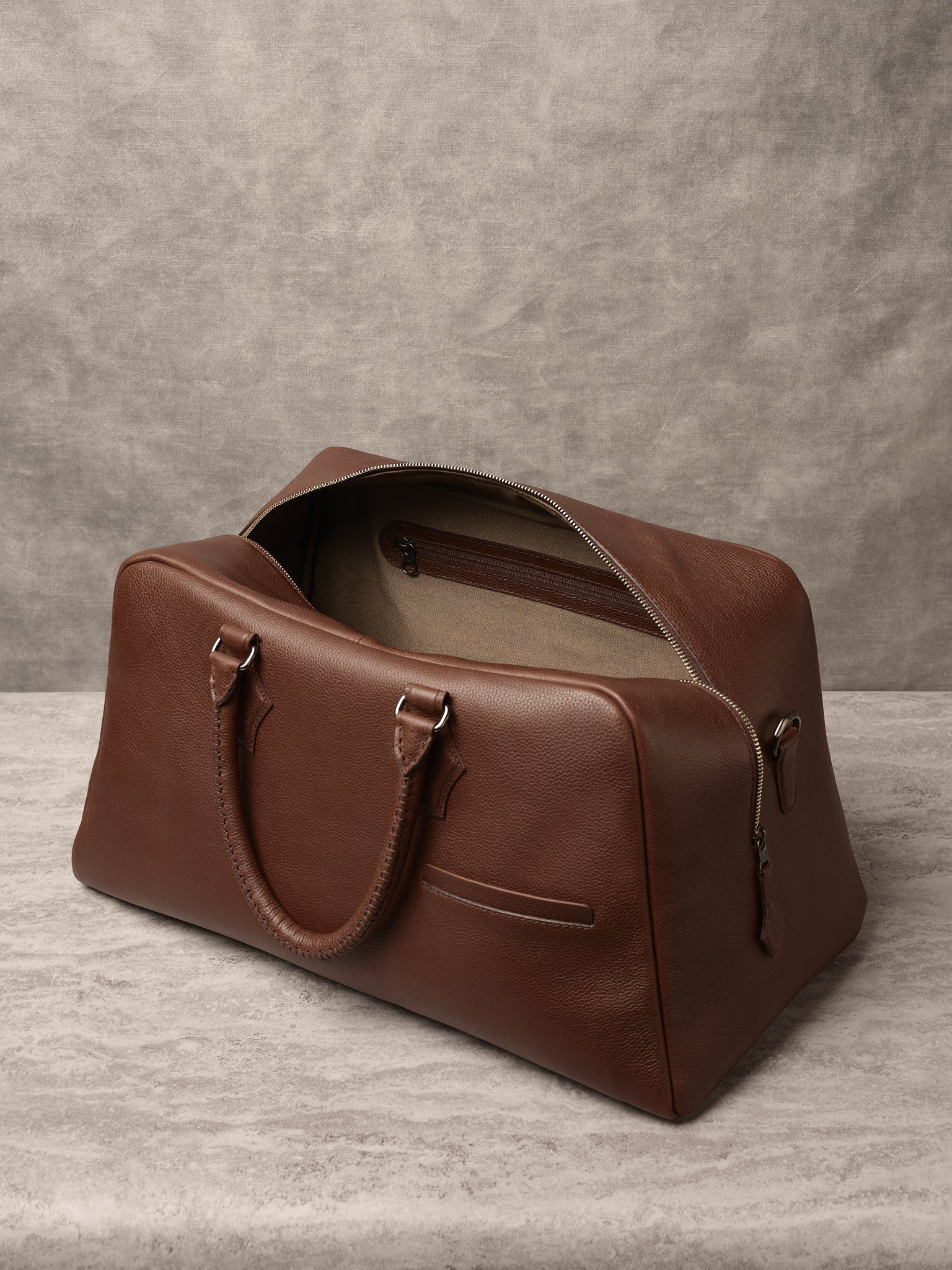 Wide Compartment. Mens Leather Weekender Bag Brown by Capra Leather