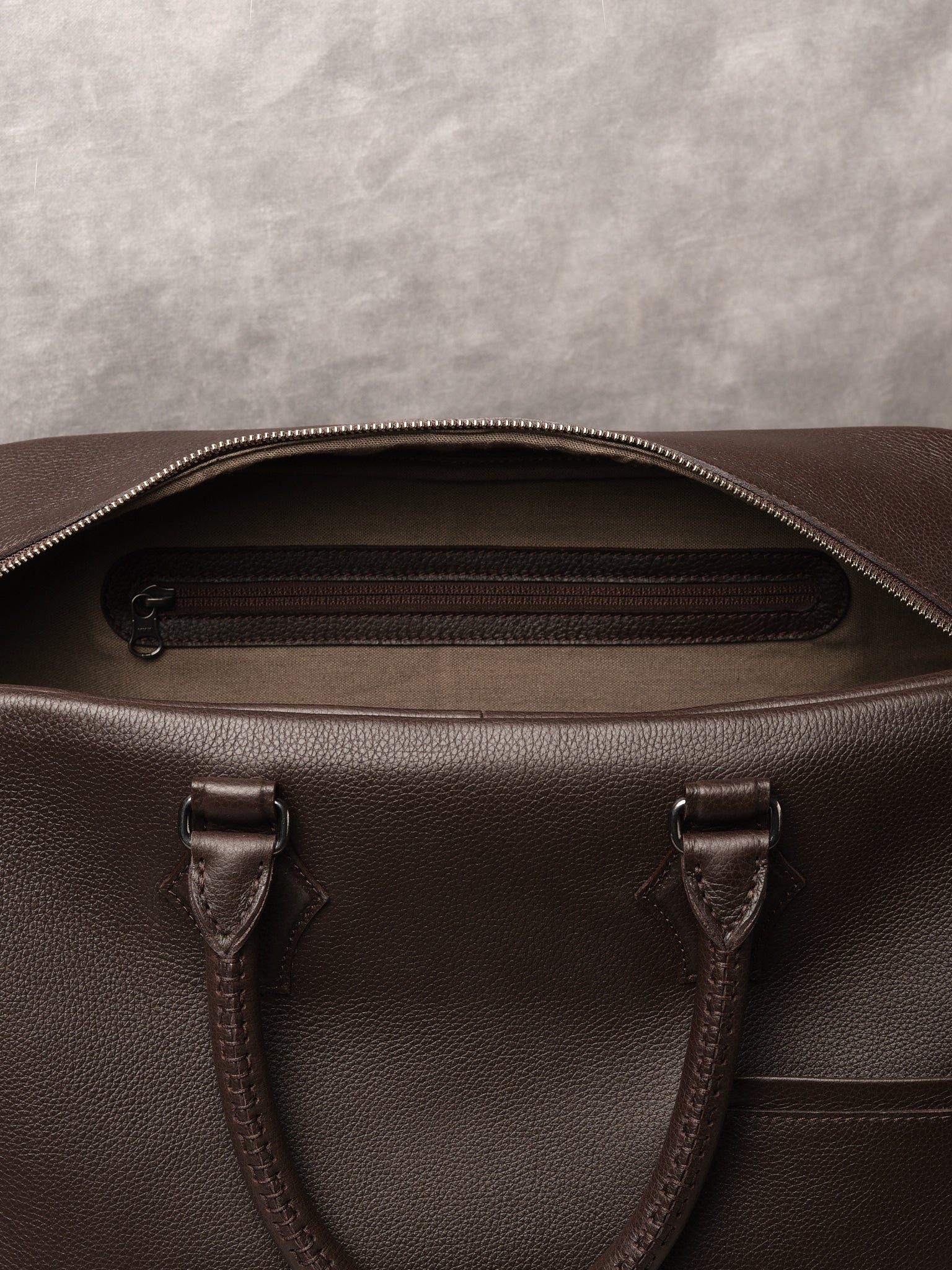 Interior Zipper Pockets. Travel Duffle Bag Dark Brown by Capra Leather