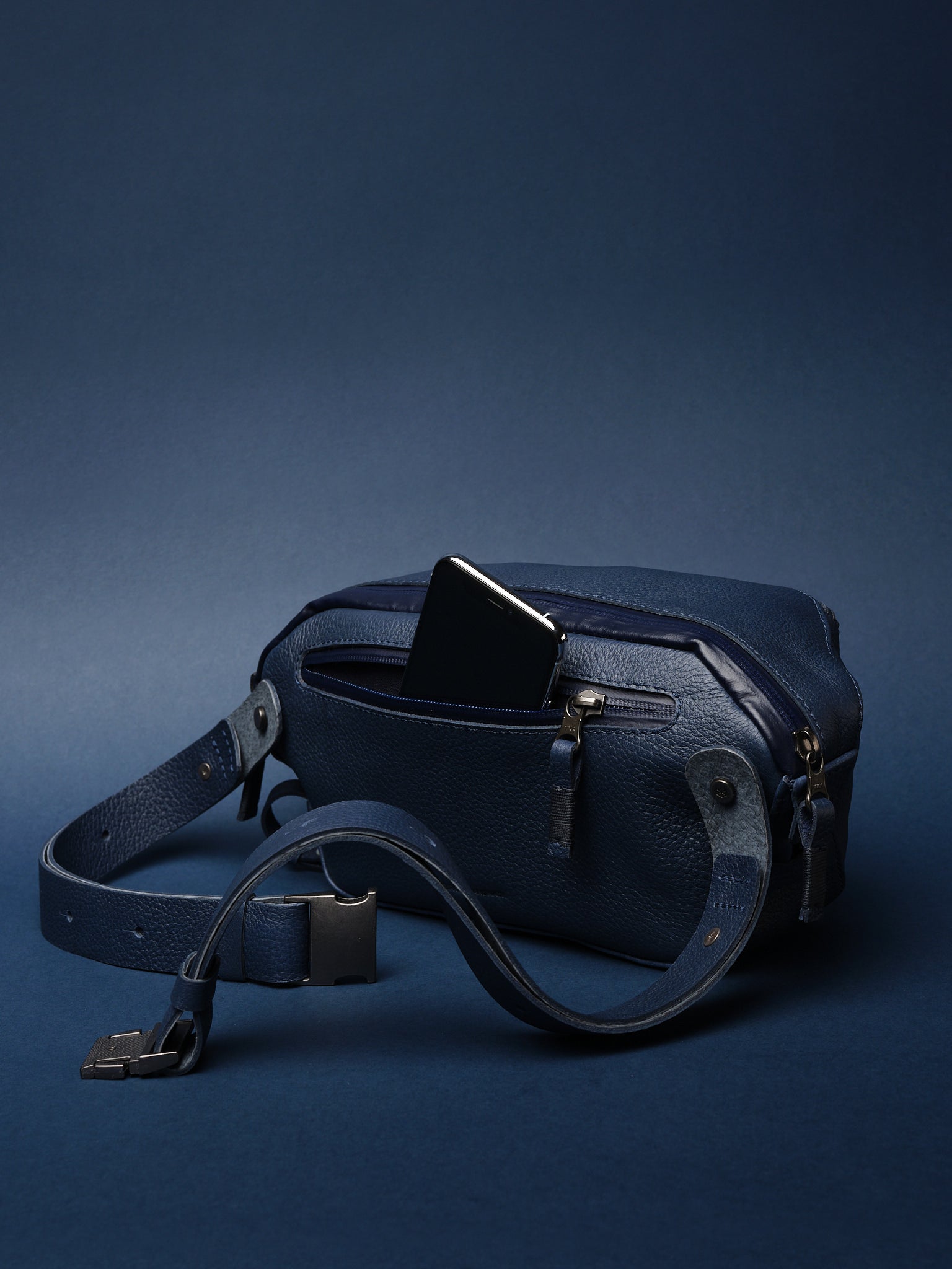 Mens Sling Bag. Designer Fanny Pack Navy by Capra Leather