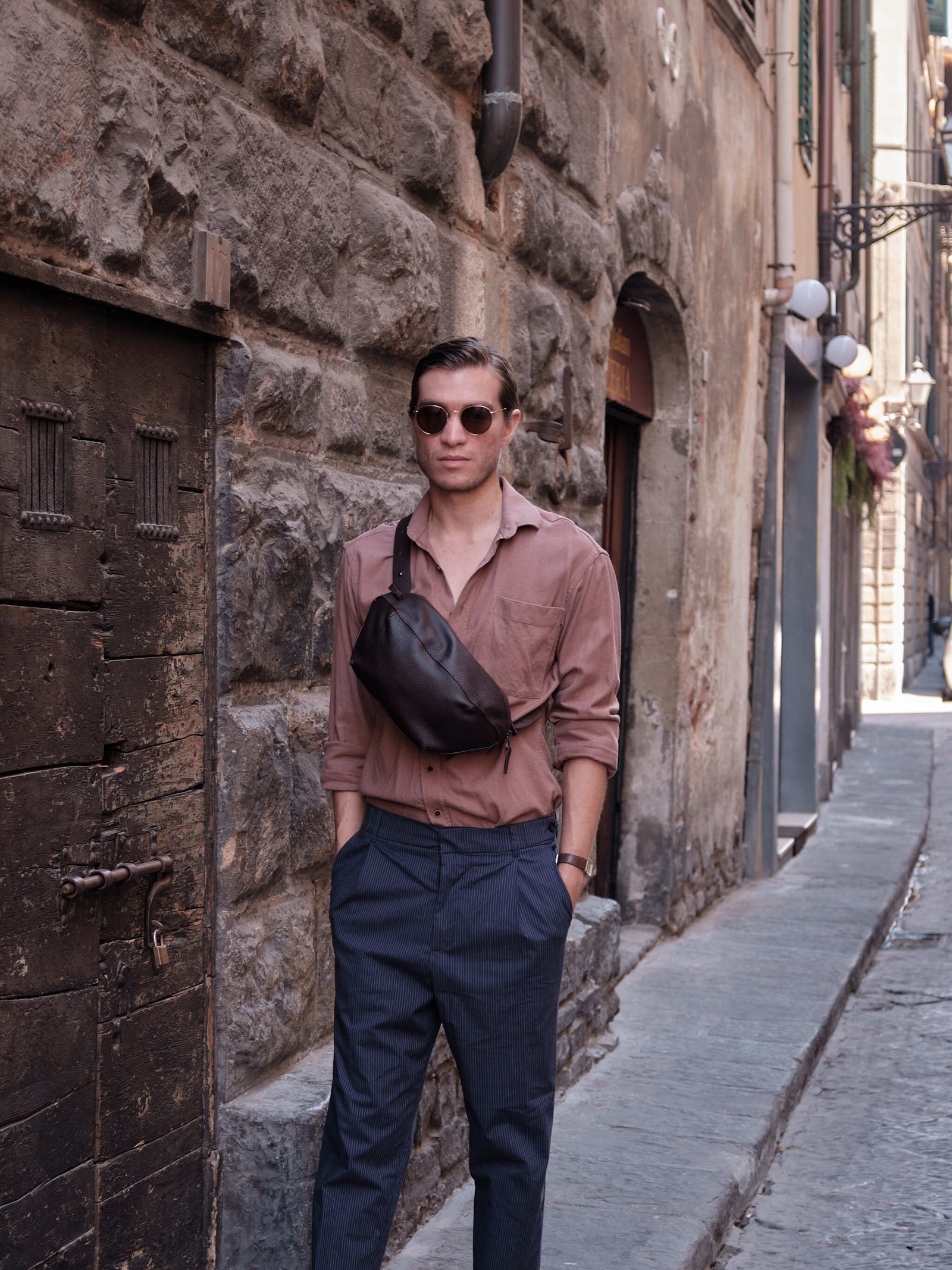 Casual streetware. Men Sling Bag Dark Brown by Capra Leather