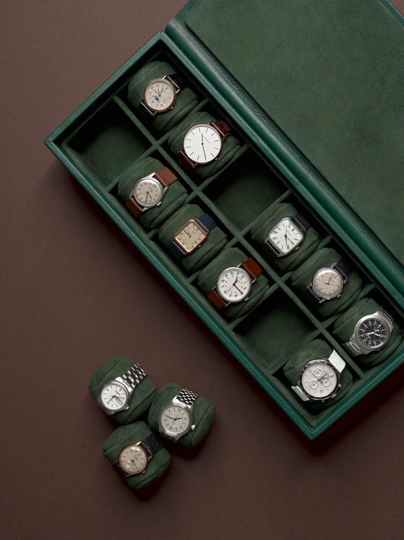 Leather Green Watch Box for 10 pieces. Soft Suede Pillows. Watch Storage by Capra Leather.