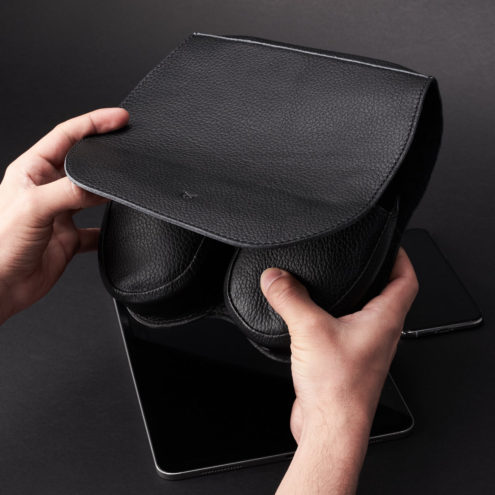 Magnetic, quick access closure. AirPods Max Case Shield Black by Capra Leather