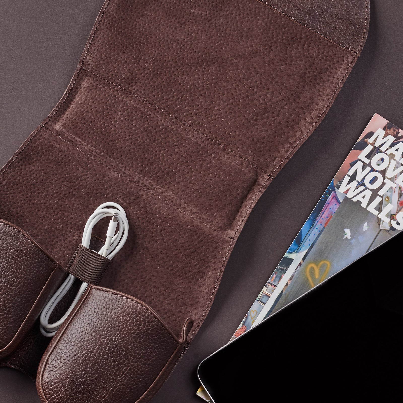 Suede interior. AirPods Max Case Shield Dark Brown by Capra Leather