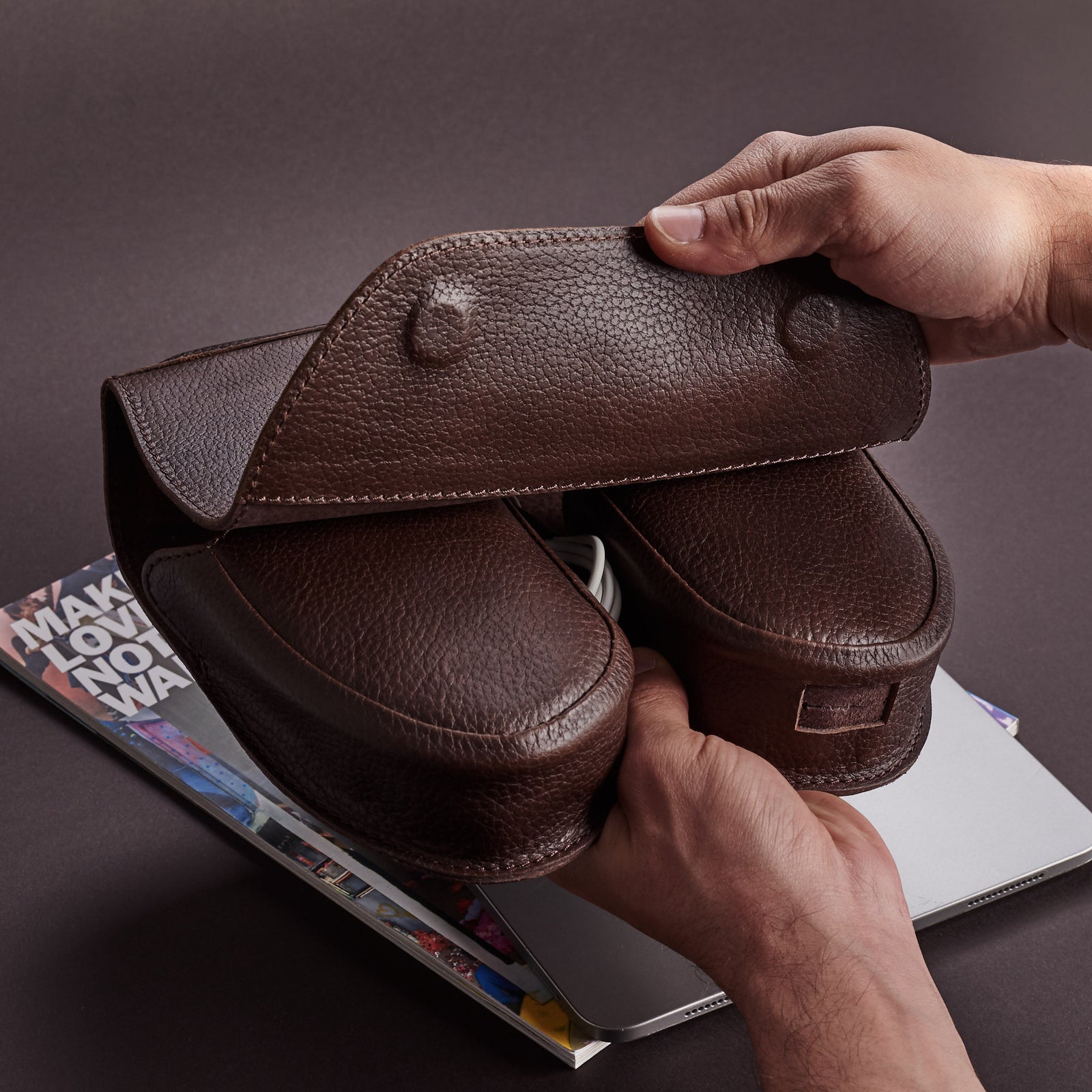 Magnetic quick access closure. AirPods Max Case Shield Dark Brown by Capra Leather