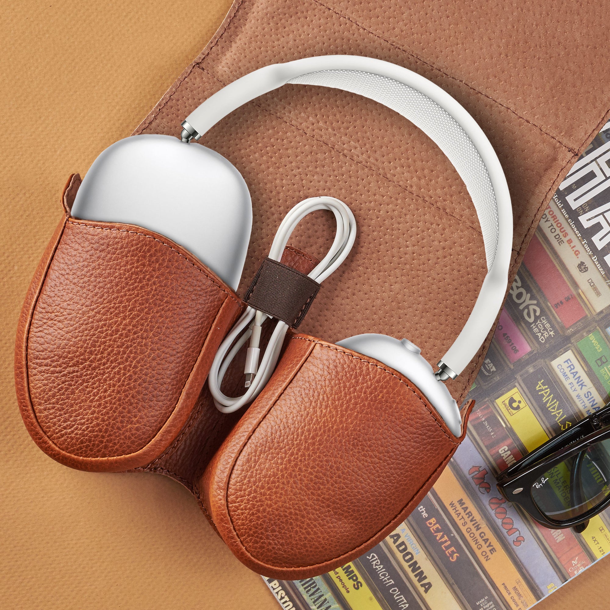 Dedicated cable holder. AirPods Max Case Shield Tan by Capra Leather