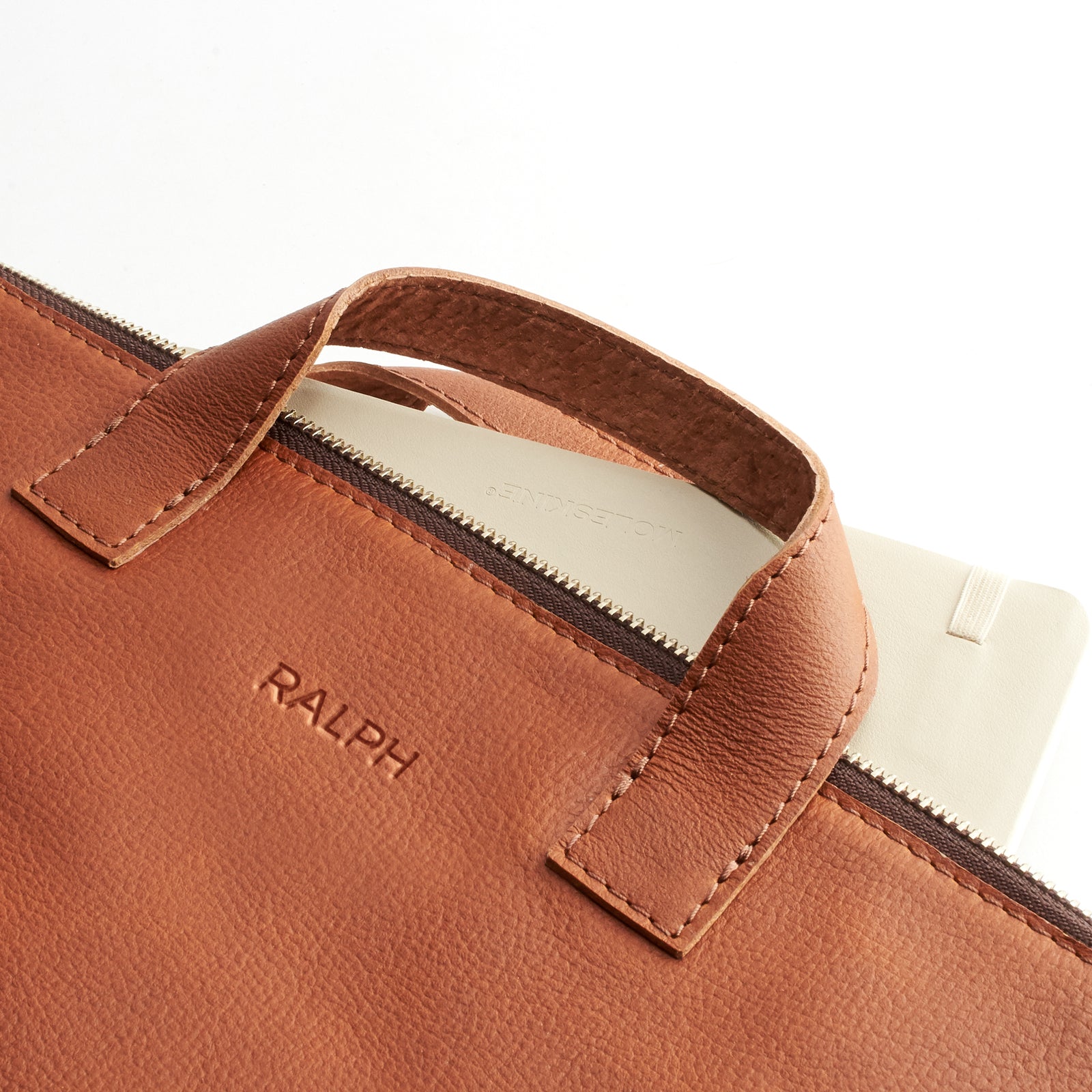 Custom monogram engraving. Tan leather laptop portfolio. Business document organizer for men.