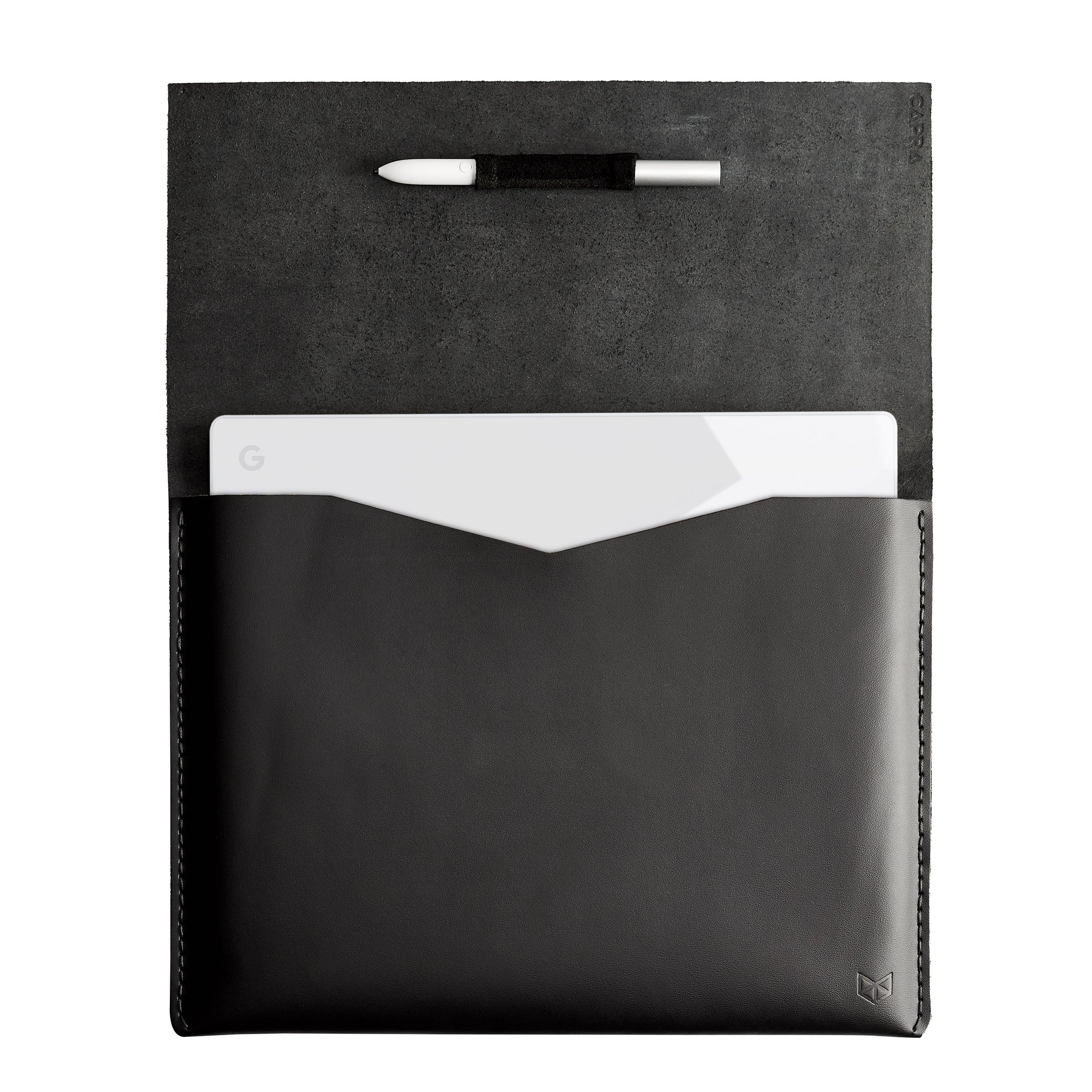 Style side walking view. Black draftsman 1 case by Capra Leather. Google pixel book sleeve.