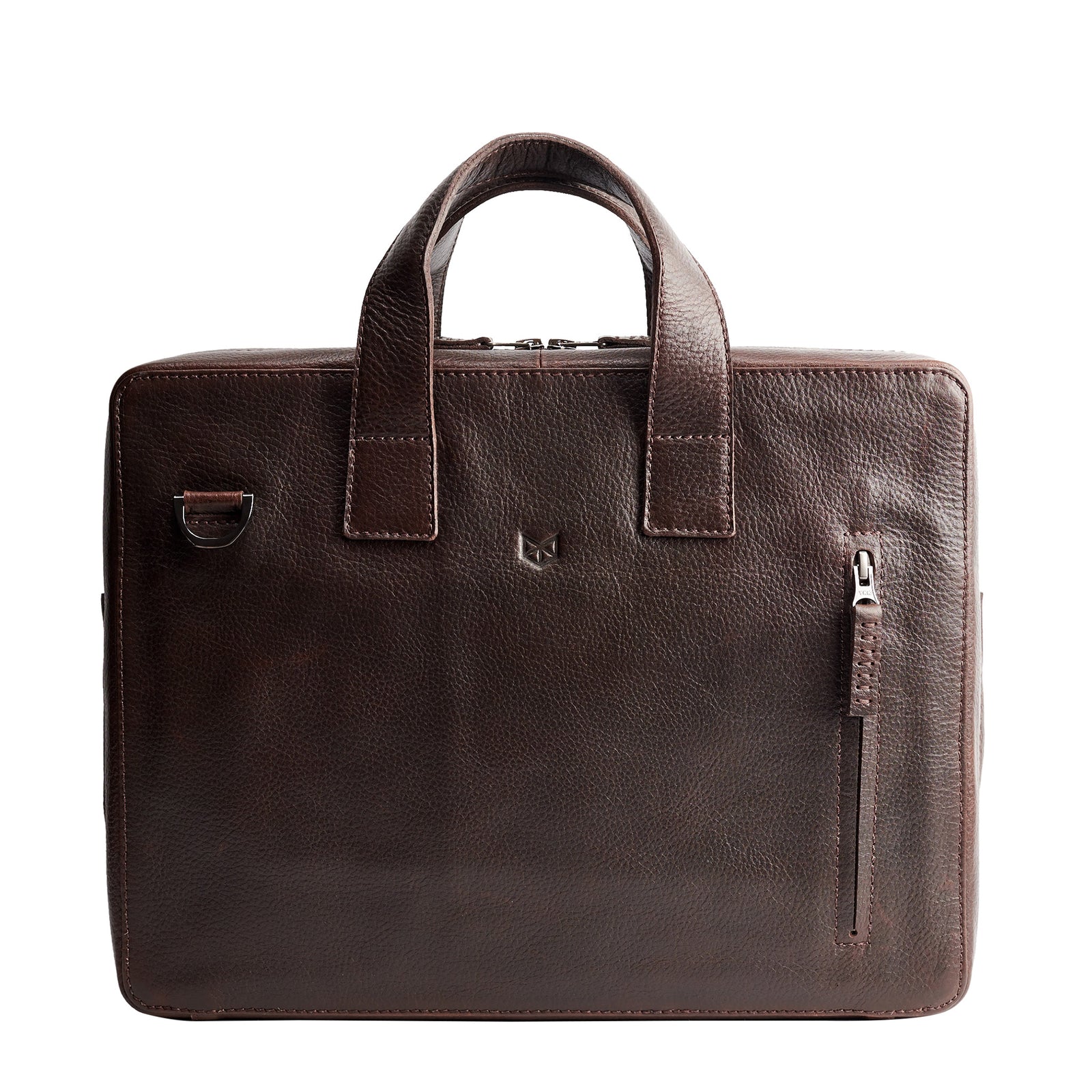 Mens leather briefcase. Dark brown soft slim workbag for mens gifts