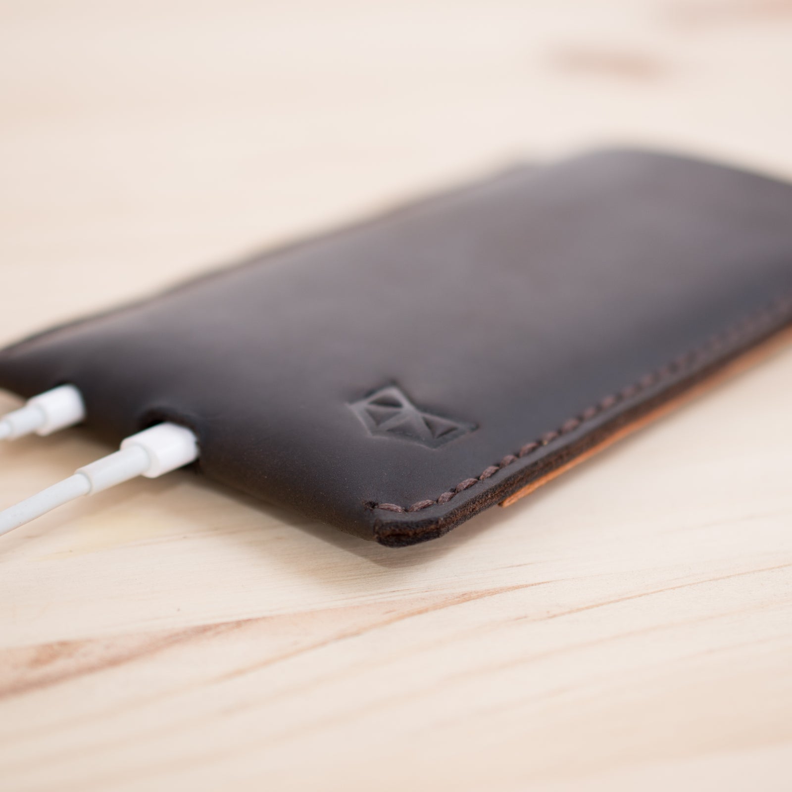 Charging cable and earphones holes from a Handmade iPhone case leather wallet for iPhone 8 Plus, iPhone x, iPhone 10,