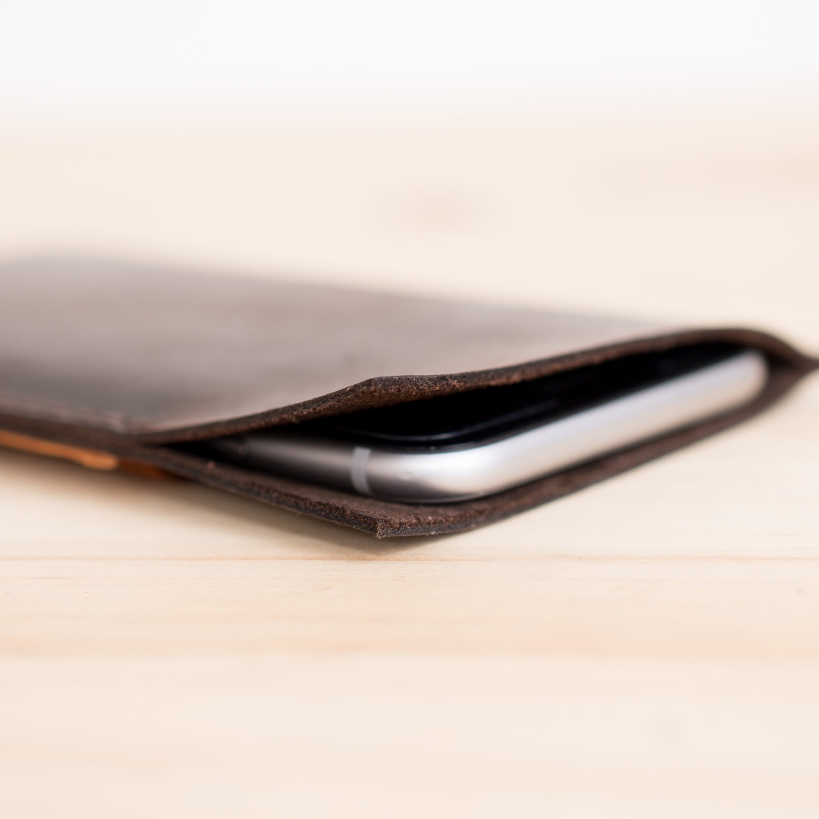 Detail from a Handmade iPhone case leather wallet for iPhone 8 Plus, iPhone x, iPhone 10. Mens gifts ideas