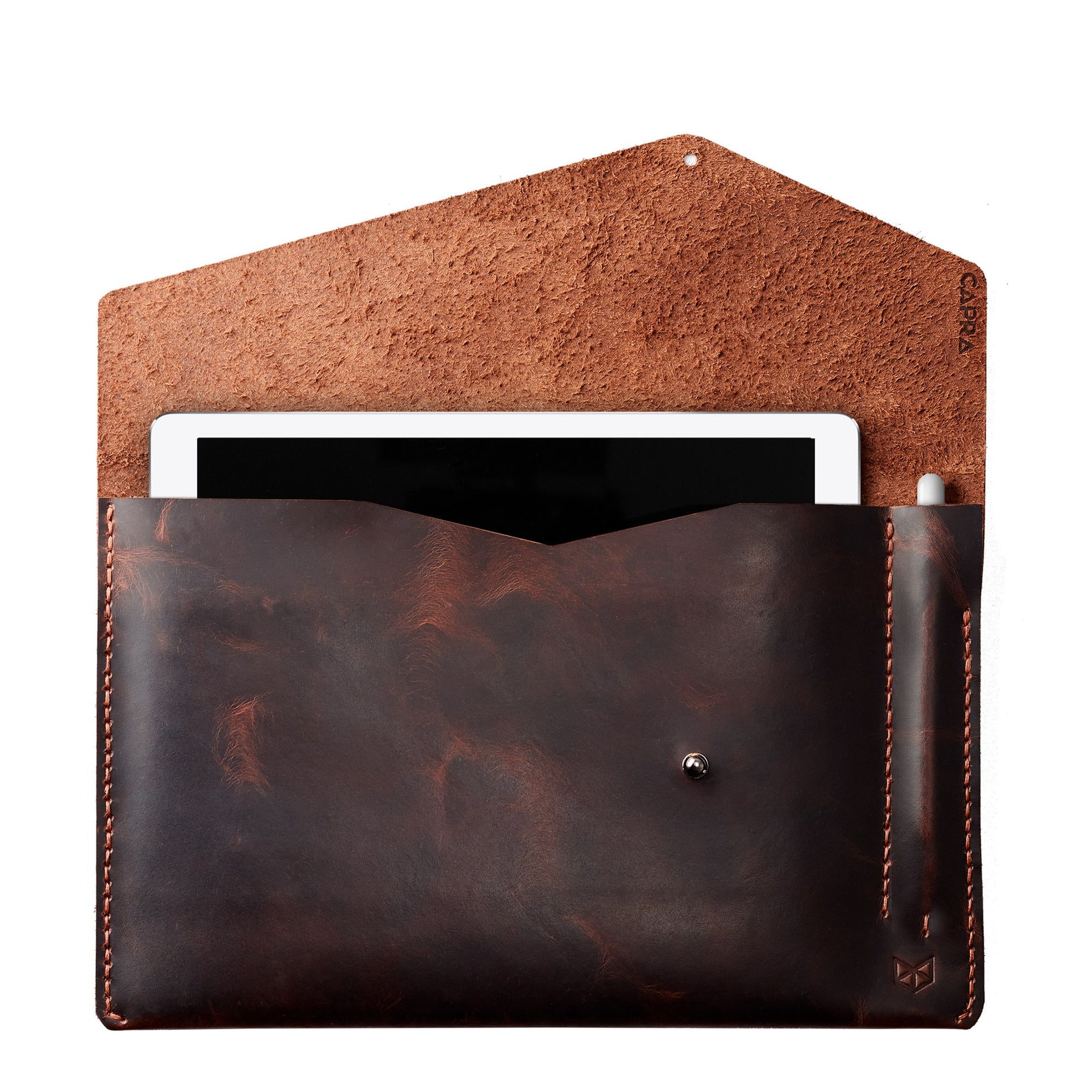 Style front view. Cognac draftsman 5 case by Capra Leather. Microsoft Surface sleeve.