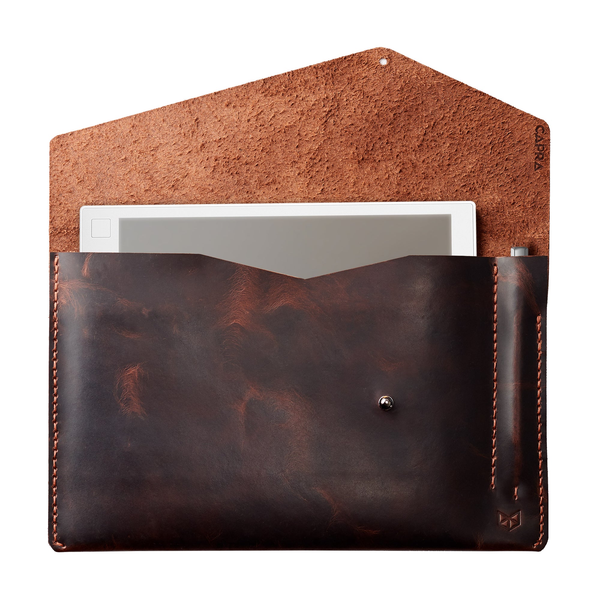 Style front view. Cognac draftsman 5 case by Capra Leather. Remarkable sleeve.