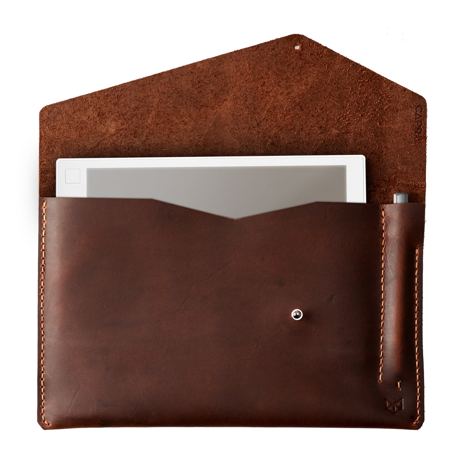 Tan brown handcrafted leather reMarkable tablet case. Folio with Marker holder. Paper E-ink tablet minimalist sleeve design.