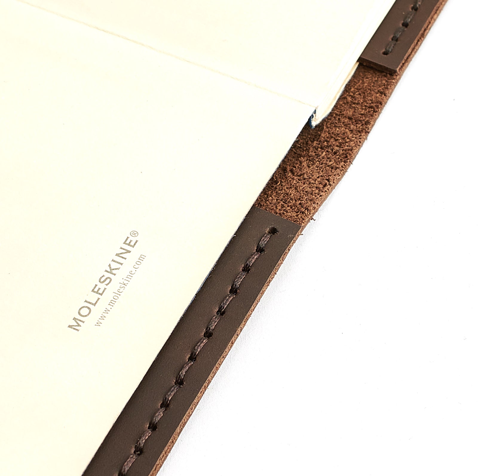 Stitch close up. Entirely hand stitched Moleskine Large and Pocket leather cover. Traveler's journal case. Customize your notebook with our handmade case.