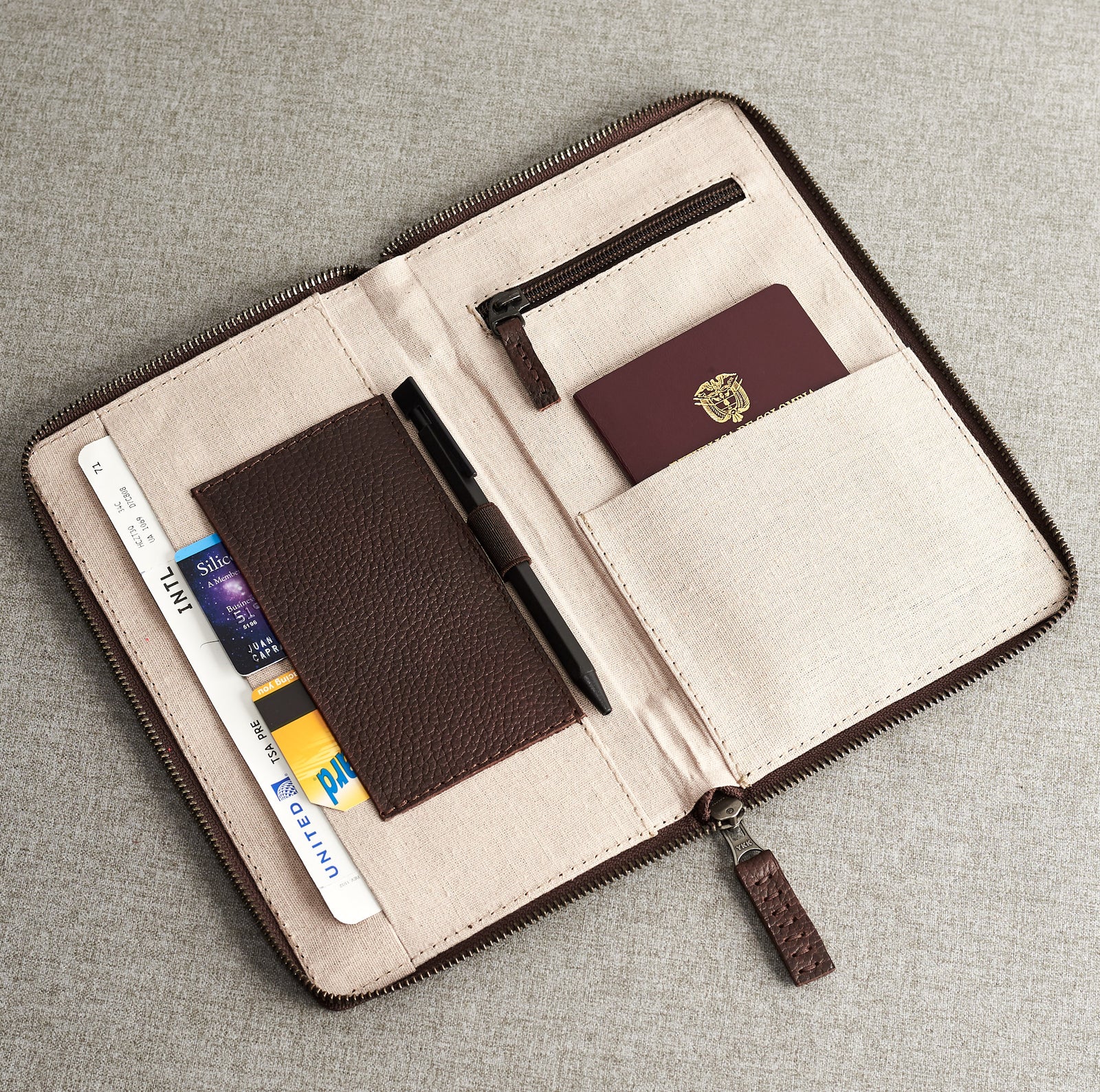 Dark brown leather passport for travelers, gifts for men. Travel journal, document organizer holder