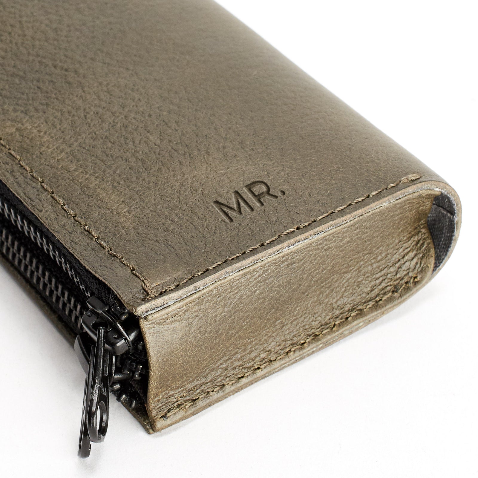 Personalized custom monogram. Handmade green leather glasses case with double compartment for sunglasses and reading glasses