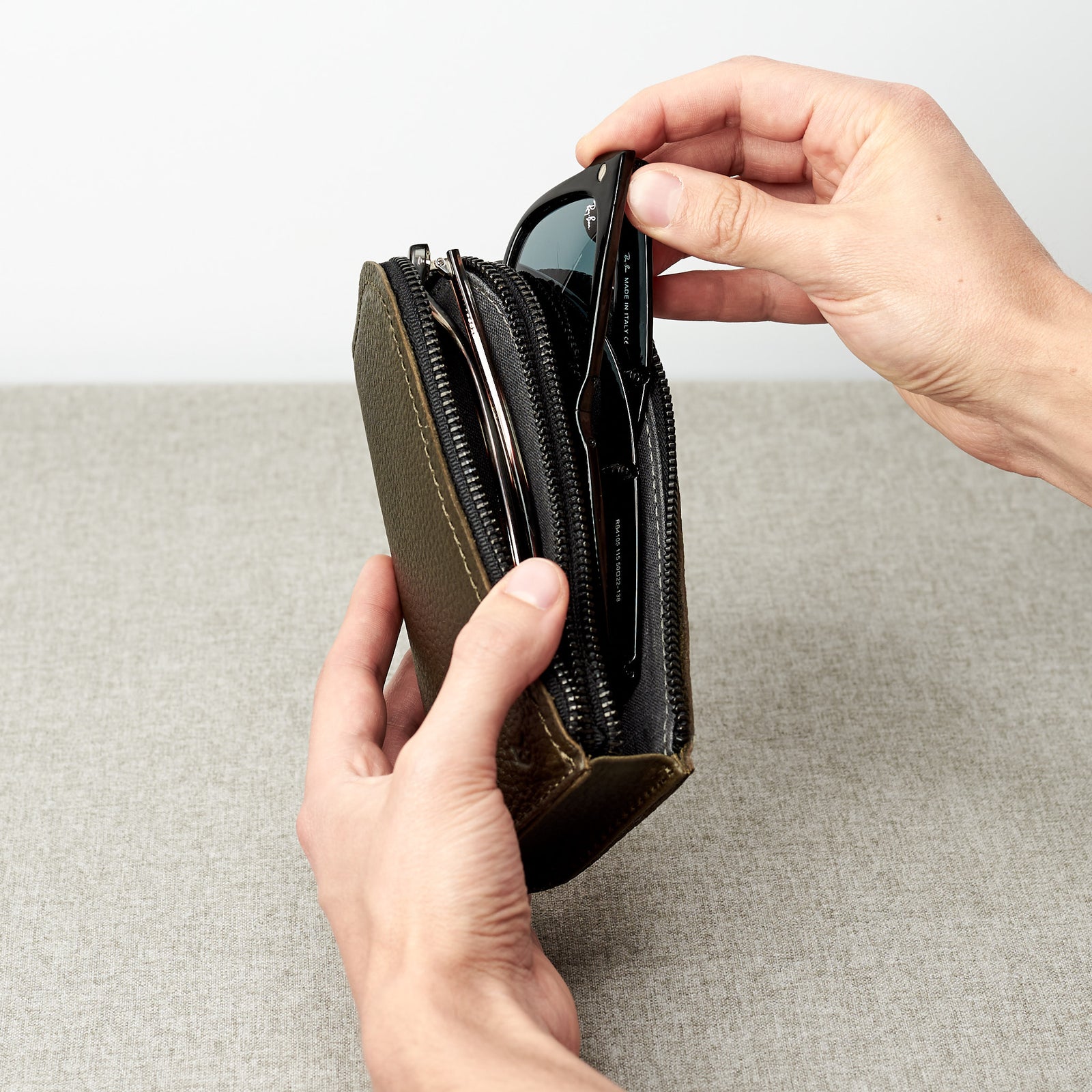 Stylish mens sleeve. Handmade green leather glasses case with double compartment for sunglasses and reading glasses