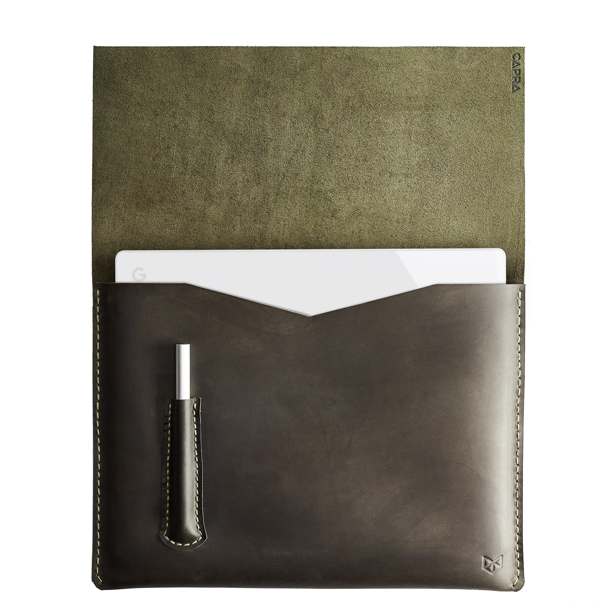 Green Pixelbook Chromebook leather sleeve with  pencil holder