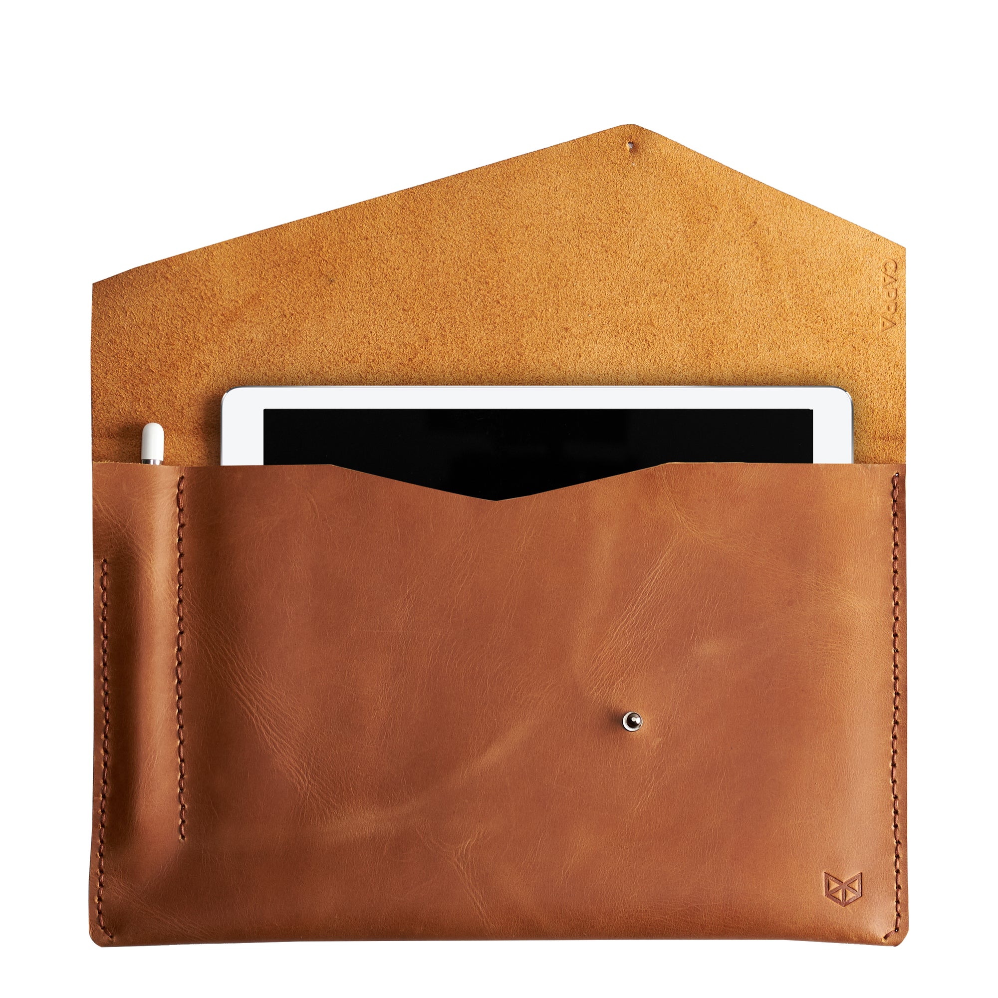 Style front view. Light brown draftsman 5 case by Capra Leather. Microsoft Surface sleeve.