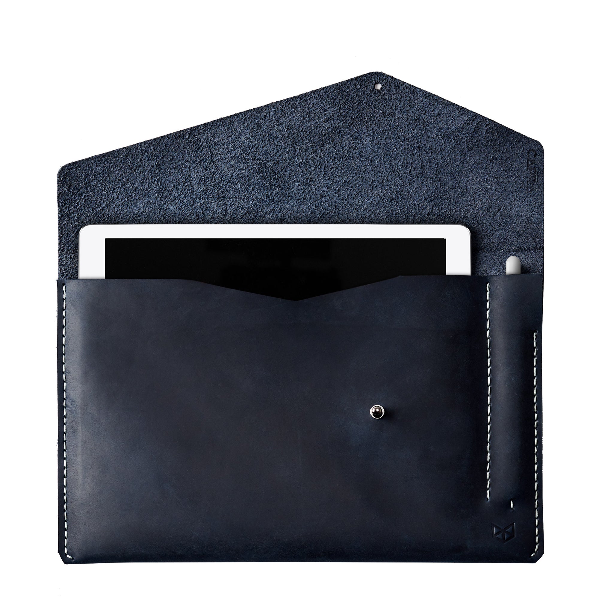 Style front view. Blue draftsman 5 case by Capra Leather. Microsoft Surface sleeve.