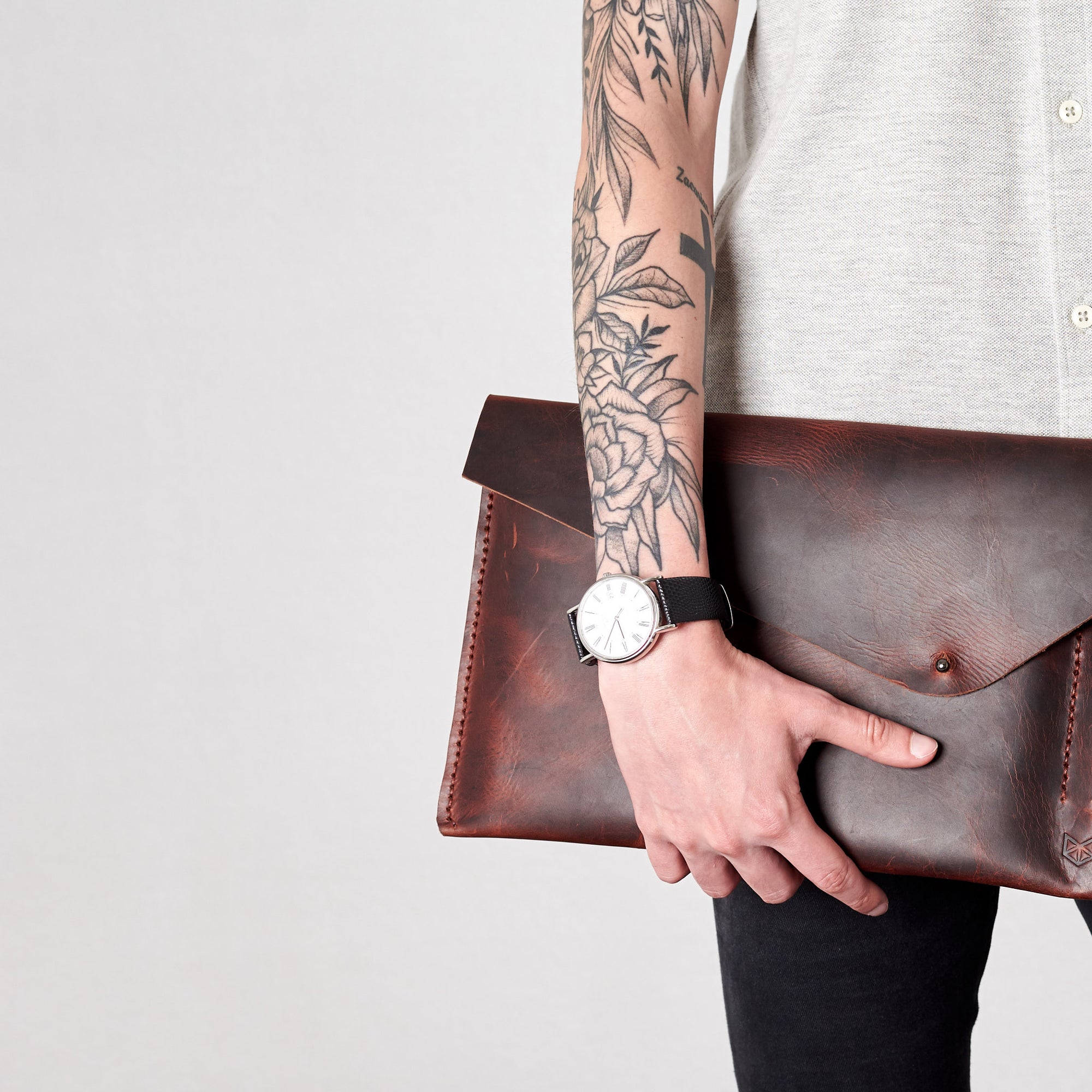 Style holding case. Cognac draftsman 5 case by Capra Leather. Microsoft Surface sleeve.