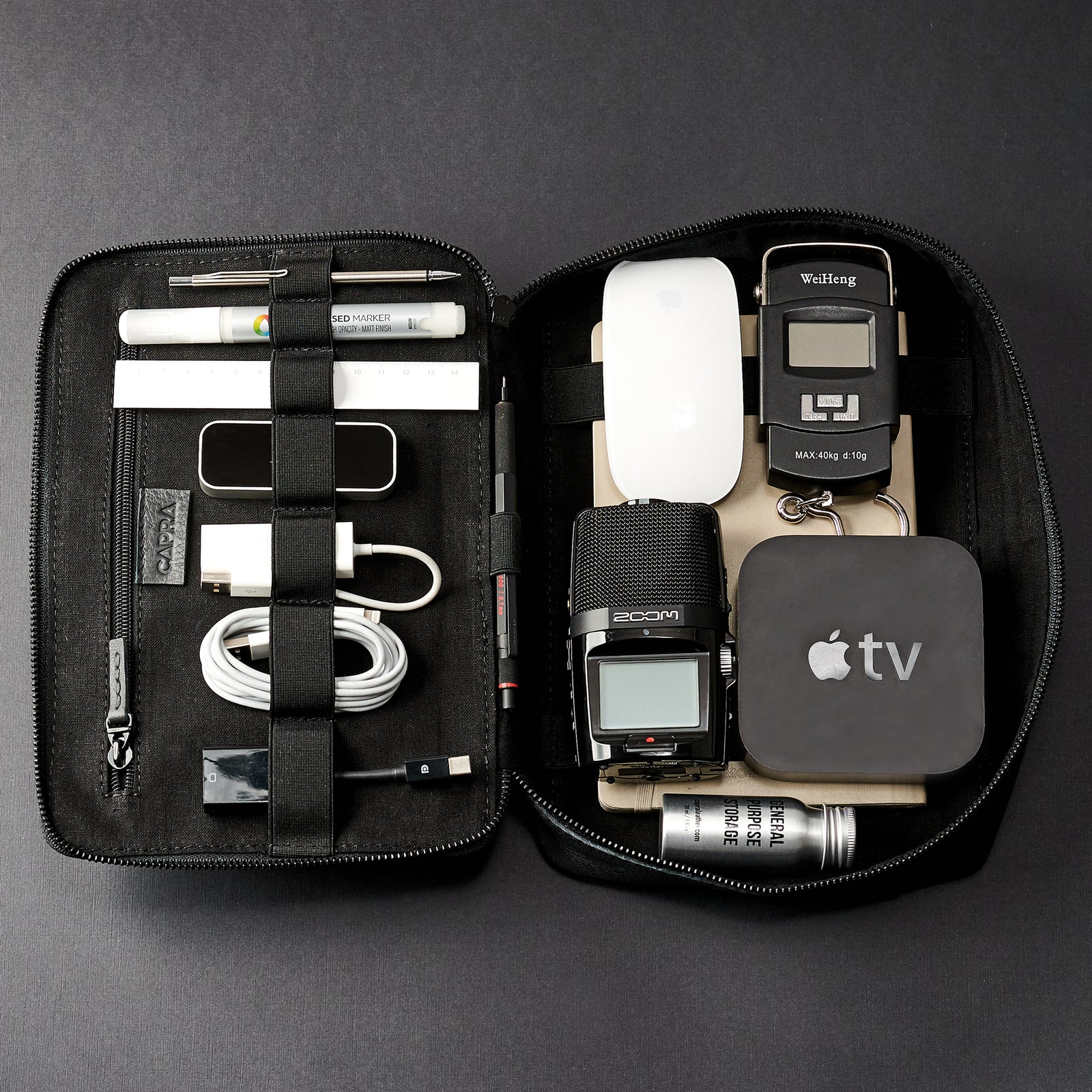 Best tech organizer bag for travel in Black. Tech bags by Capra Leather