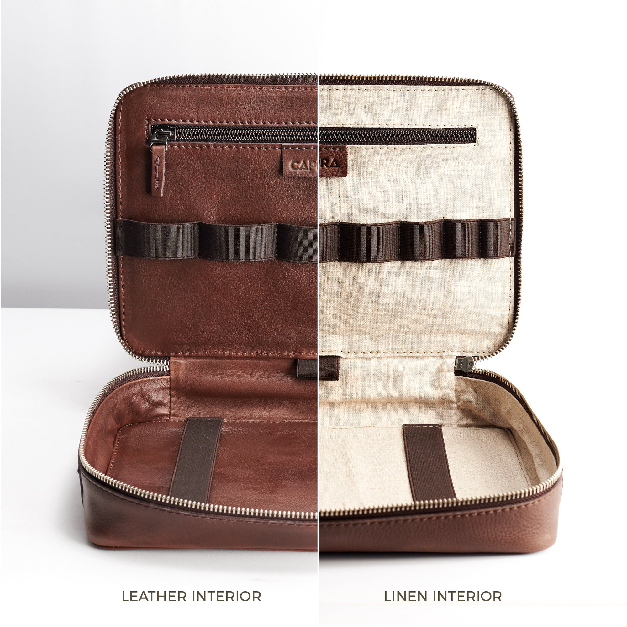 Electronics storage. Brown leather gadget bag, tech dopp kit, electronic organizer. Fits iPad Pro with Apple pencil.