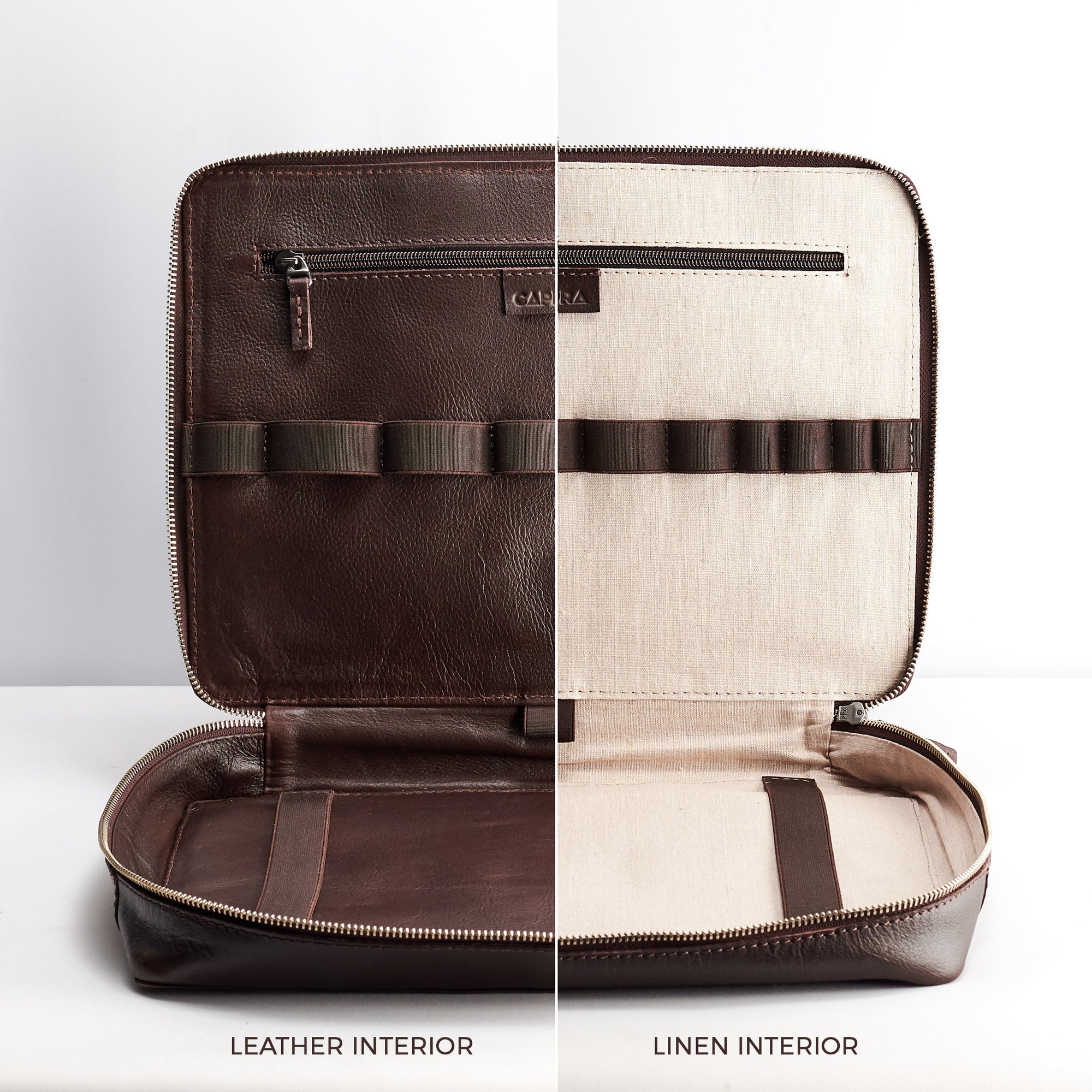 Handmade gear bag with leather interior. Dark brown tech organizer travel by Capra Leather. Fits laptop 15 inch