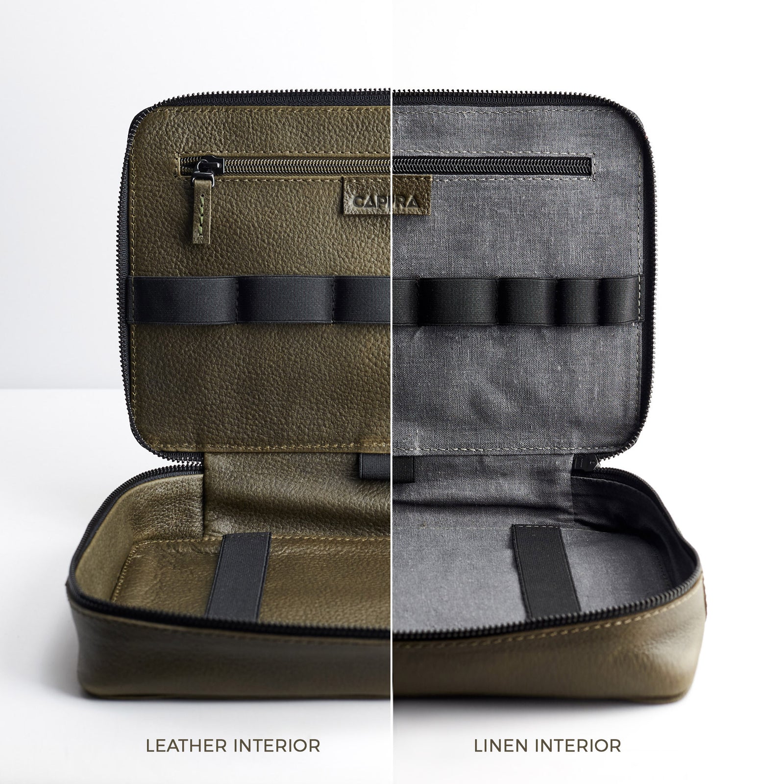 Leather or linen interior. Green leather electronics organizer by Capra Leather. Fits iPad Pro 11