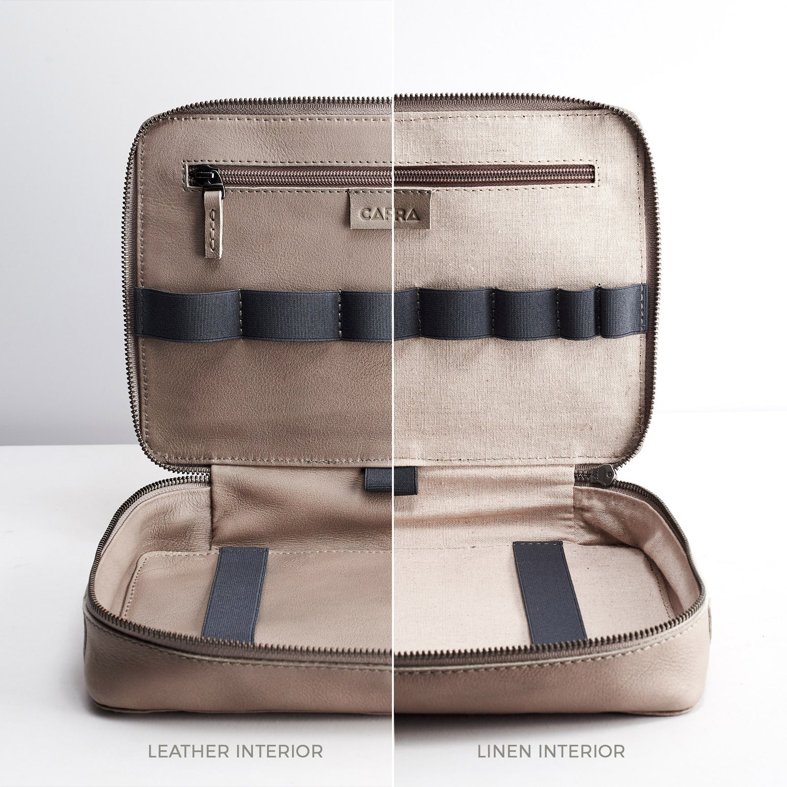 Leather or linen interior. Grey travel gadget organizer. Mens leather tech bag by Capra