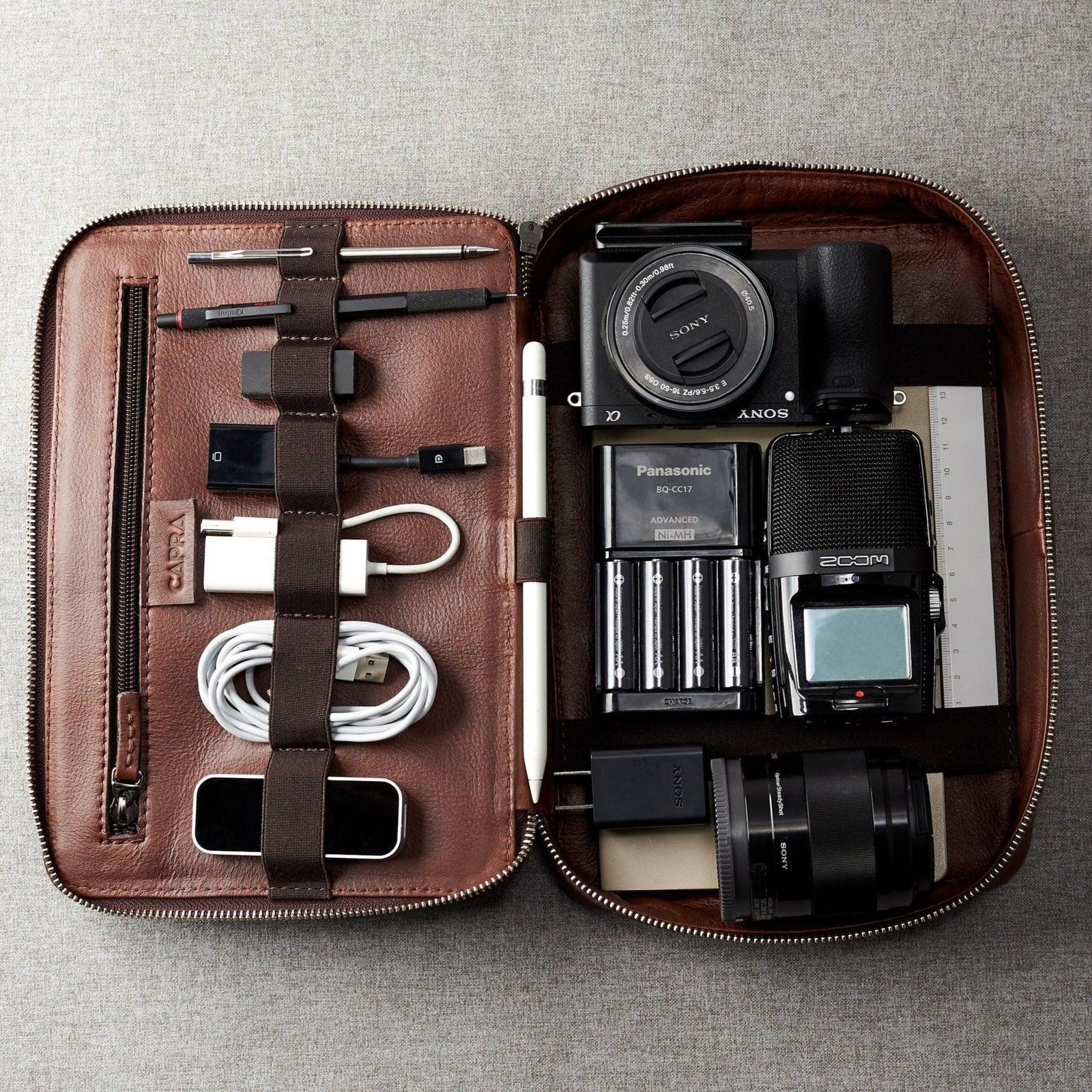 Electronics storage. Brown leather gadget bag, tech dopp kit, electronic organizer. Fits iPad Pro with Apple pencil.