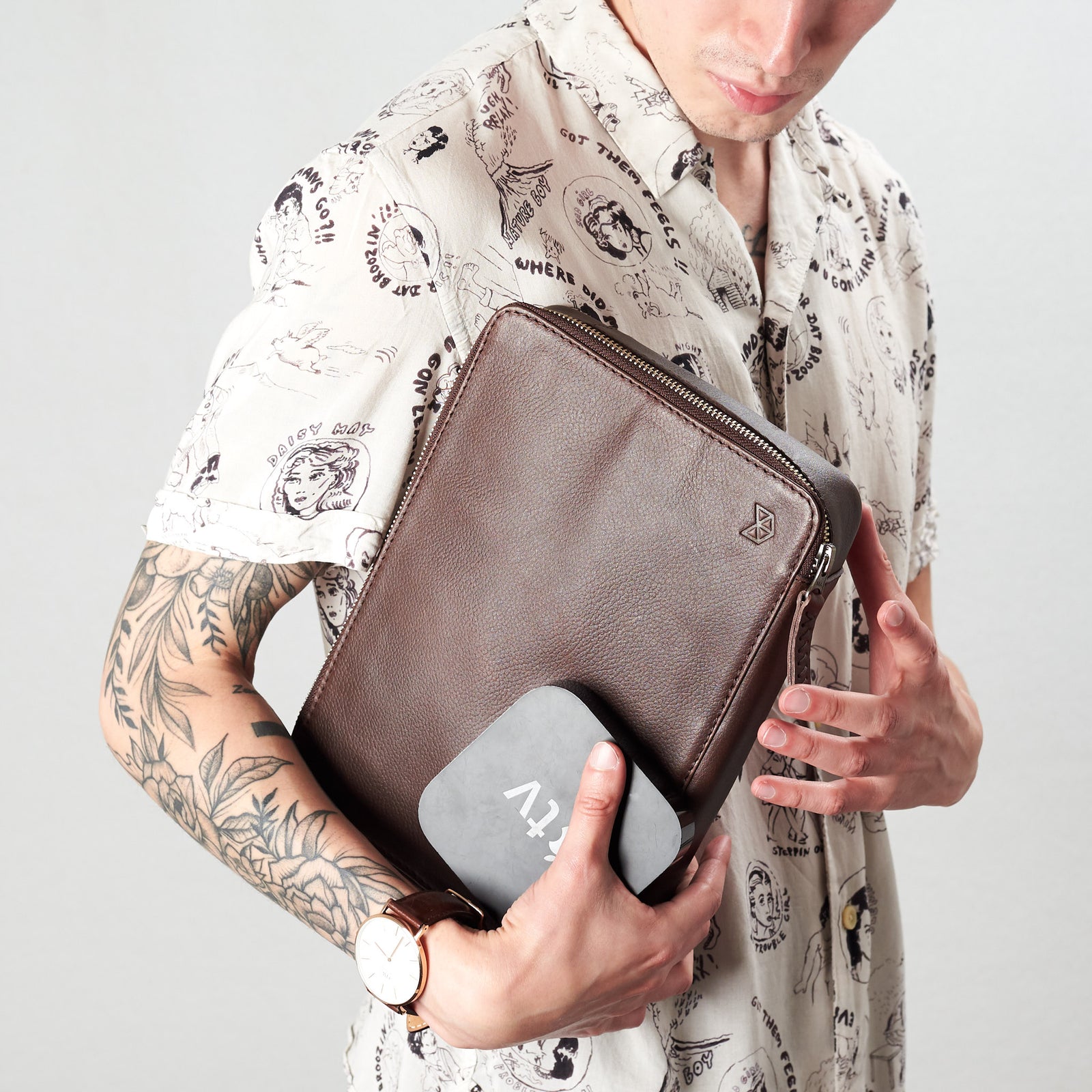 Dark brown tech organizer for men by Capra Leather. Fits iPad Pro 11