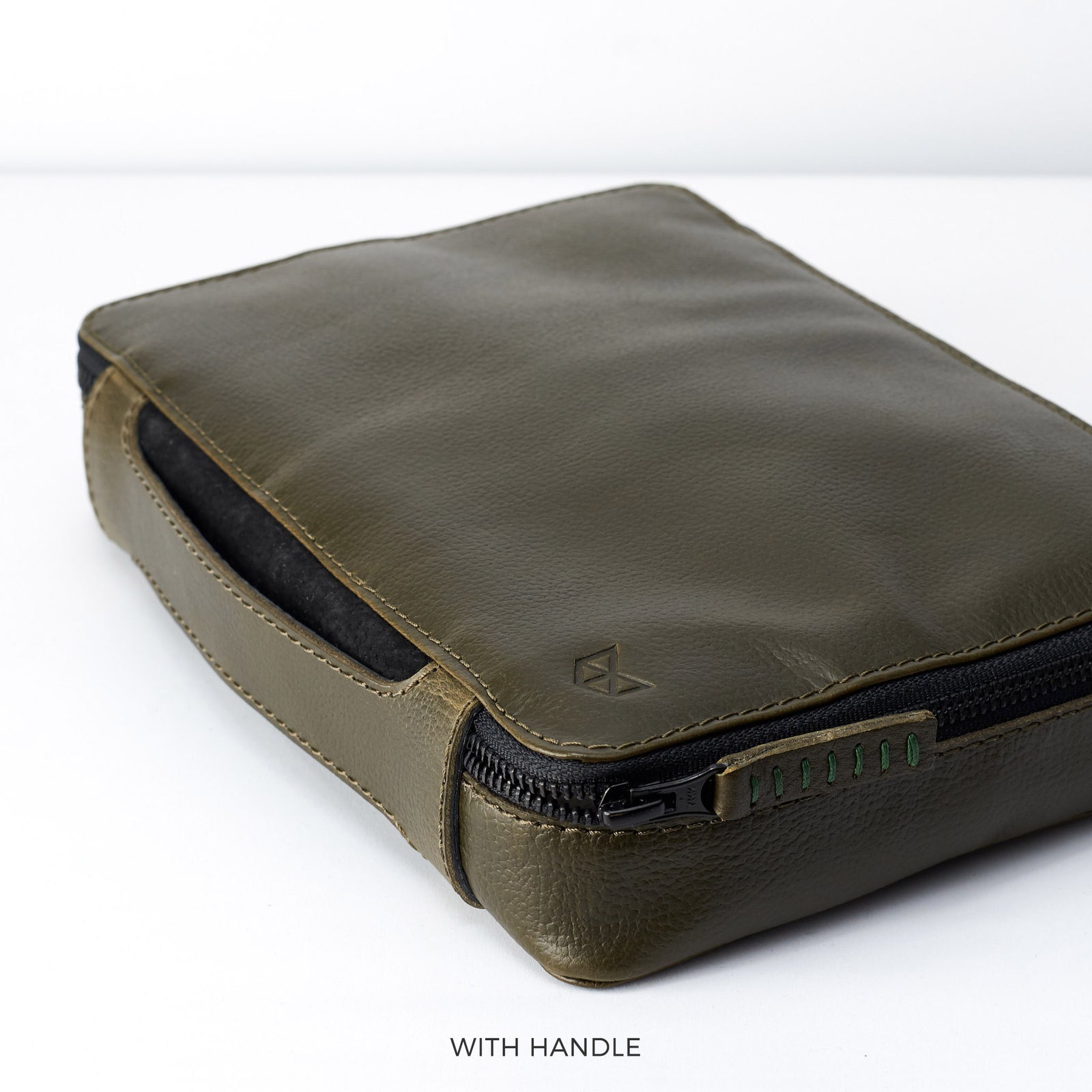 Leather handle. Best travel tech organizer green by Capra Leather