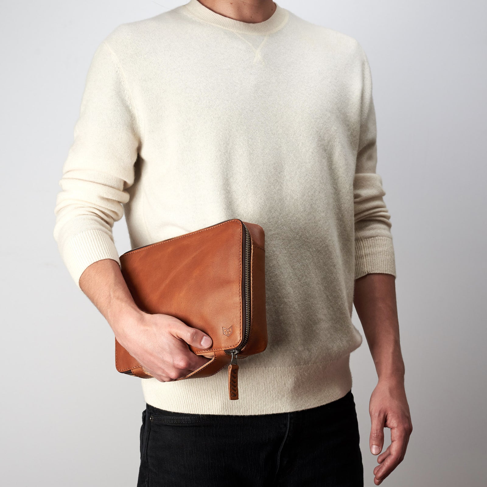 Tan leather organizer. Small carry-all bag tech bag by Capra Leather