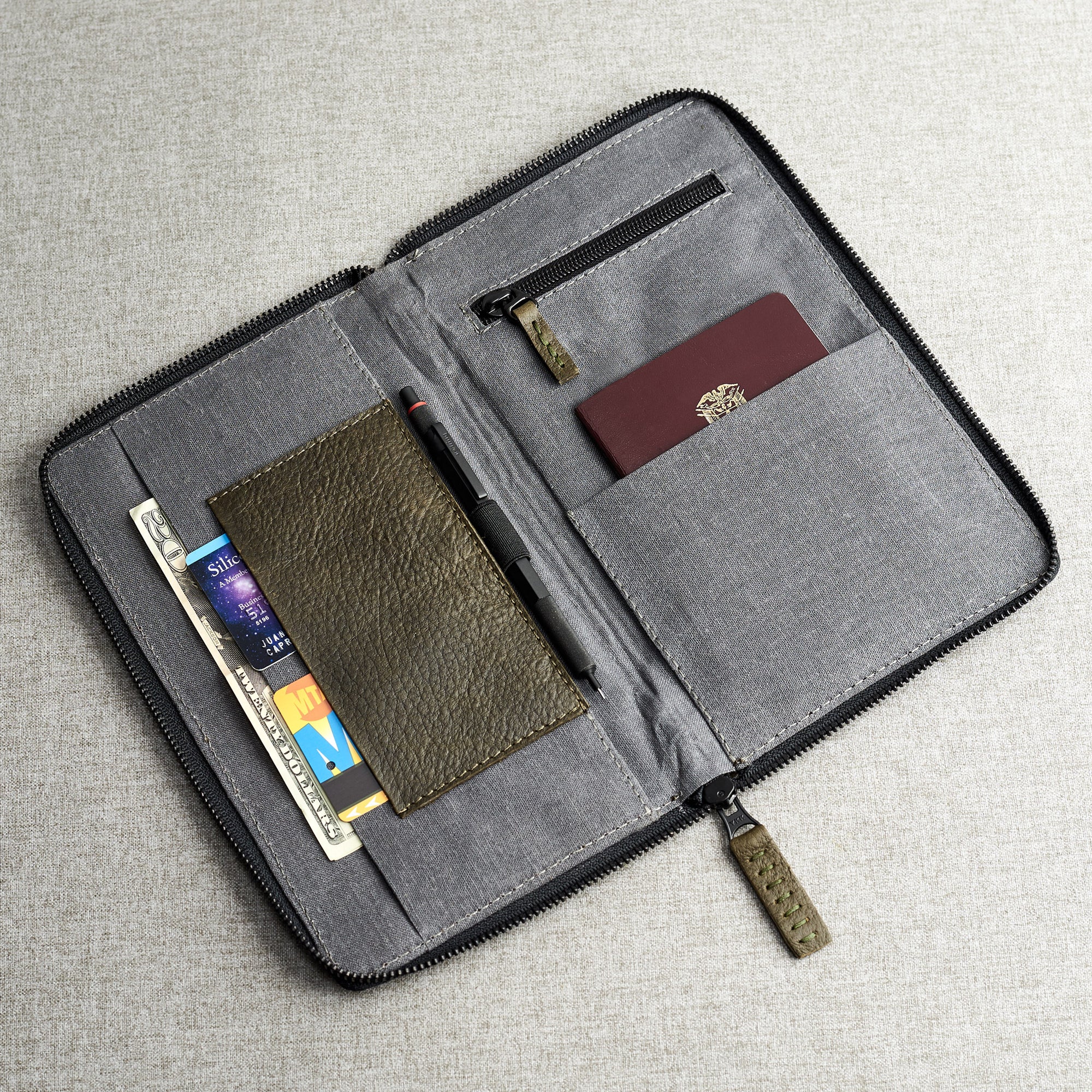 Linen interior. Green Passport Holder for travelers, document organizer, travel journal by Capra Leather