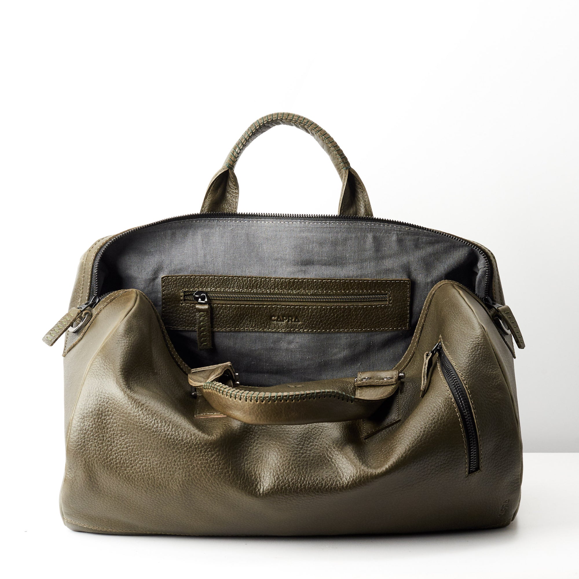 Linen interior. Green leather work out bag for men. Designer weekender travel bag 