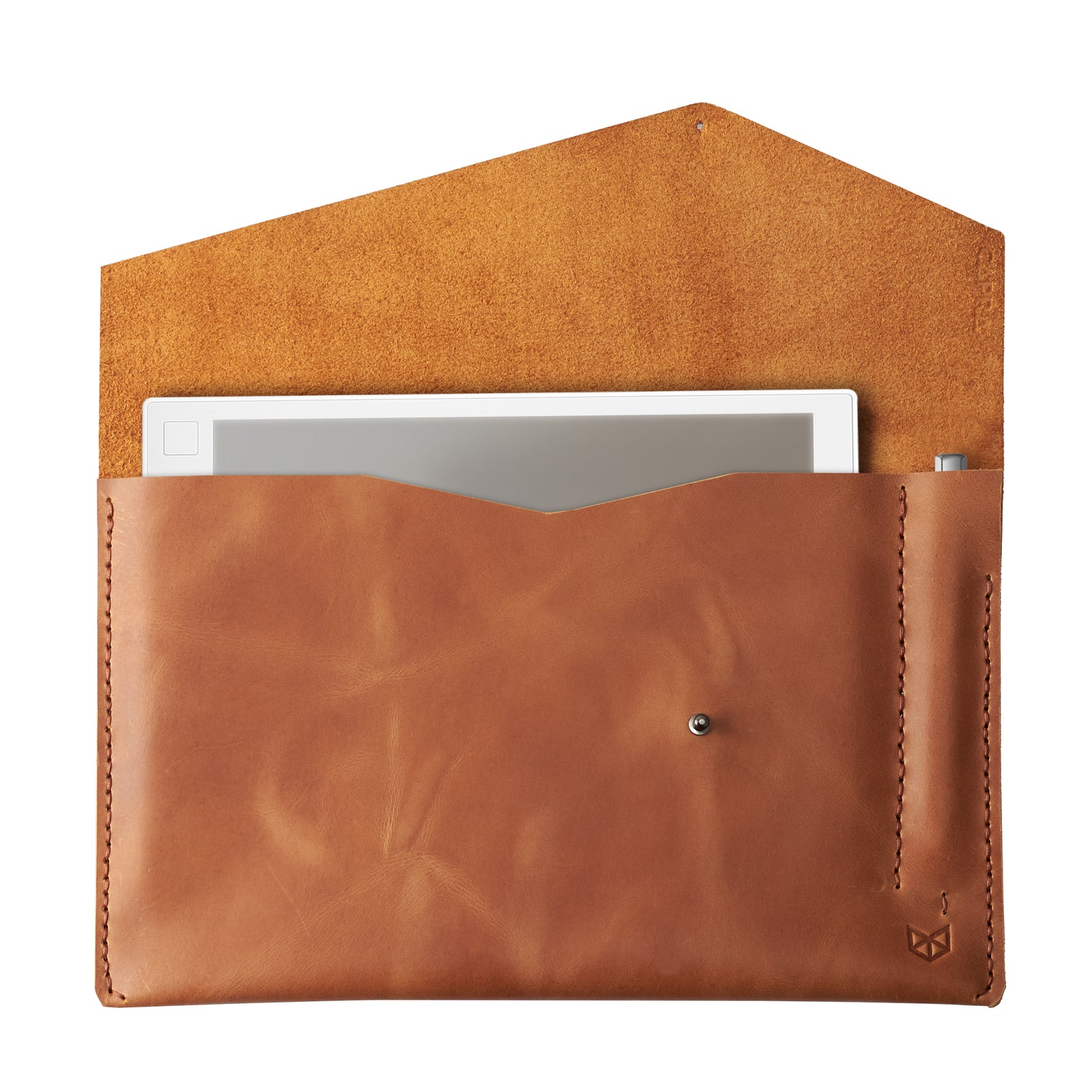 Light brown handcrafted leather reMarkable tablet case. Folio with Marker holder. Paper E-ink tablet minimalist sleeve design.