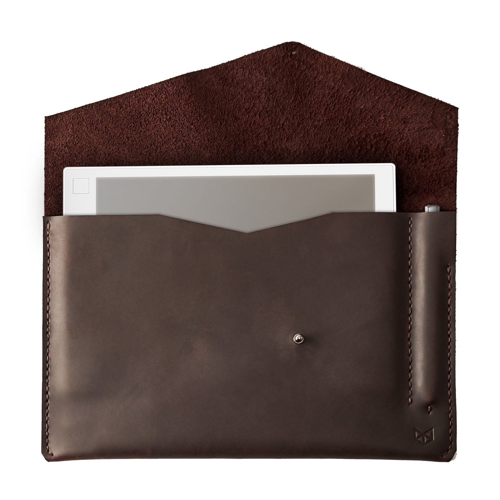 Cover. Dark brown handcrafted leather reMarkable tablet case. Folio with Marker holder. Paper E-ink tablet minimalist sleeve design.