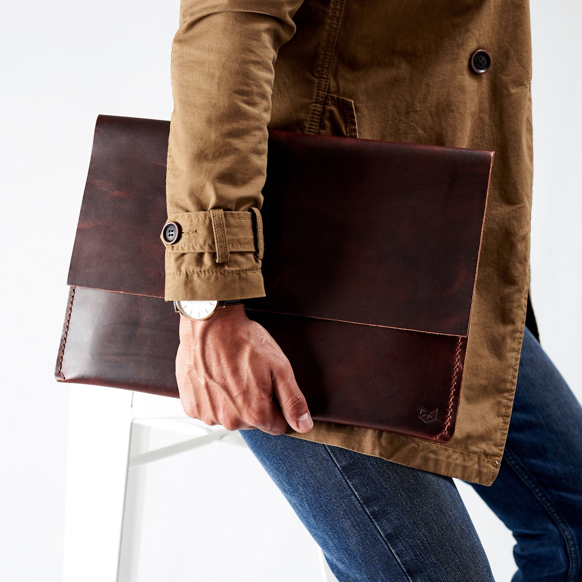 Red brown leather Macbook pro touch bar sleeve. Designer unique mens cases. Hand stitched Macbook Pro sleeve