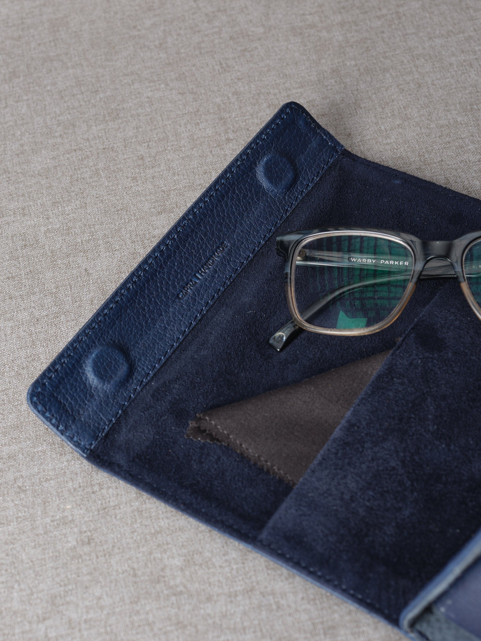eyewear travel case navy by Capra Leather