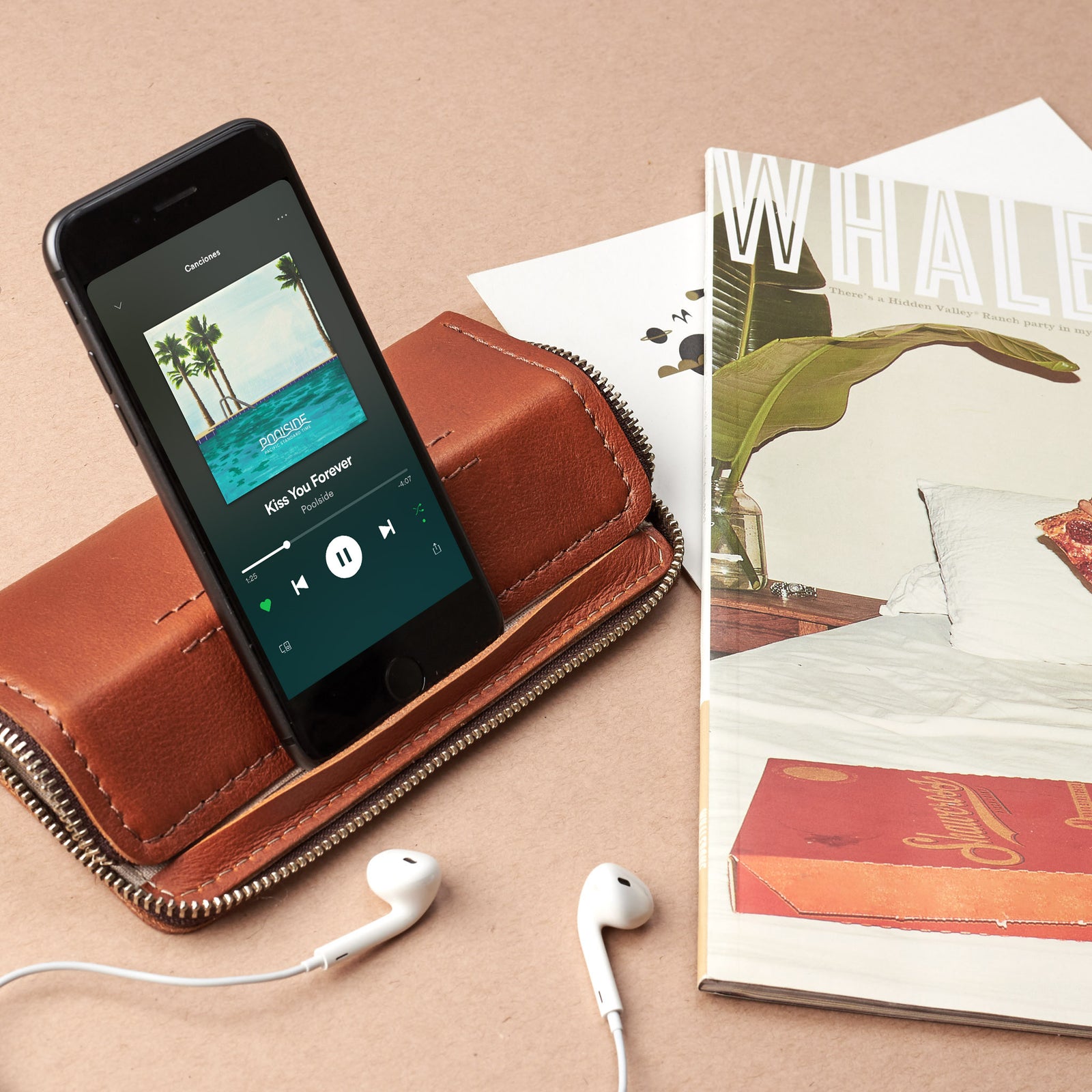 Styling. Tan iPhone leather wallet stand case for mens gifts. iPhone xs, iPhone xs Max, iPhone xr, iPhone x, iPhone 10, iPhone 8 plus leather stand sleeve. Crafted by Capra Leather.