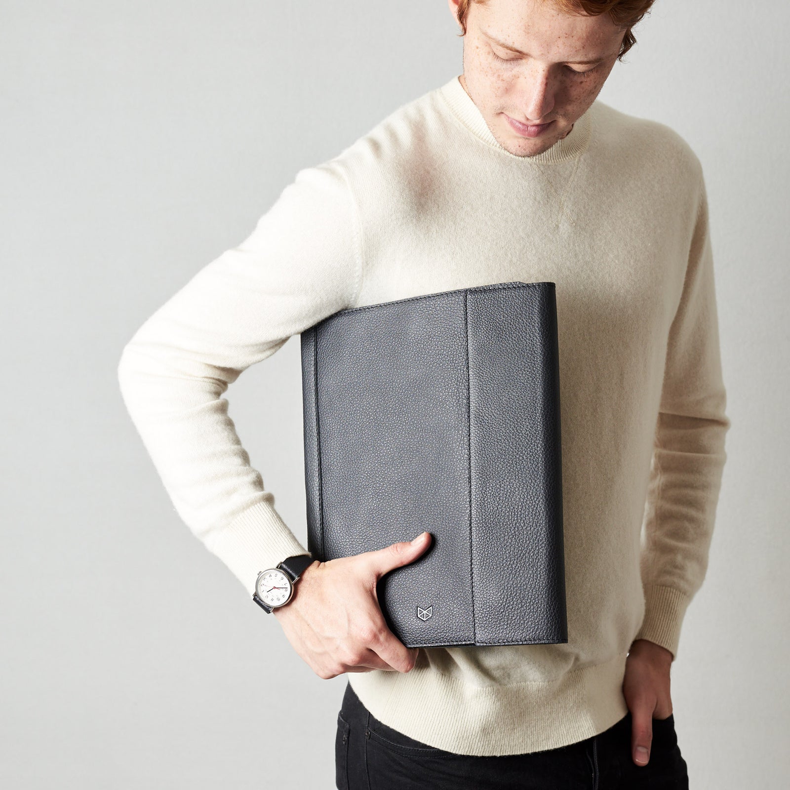 Style front view. Laptop Tablet Document Portfolio Business Organizer Black by Capra Leather