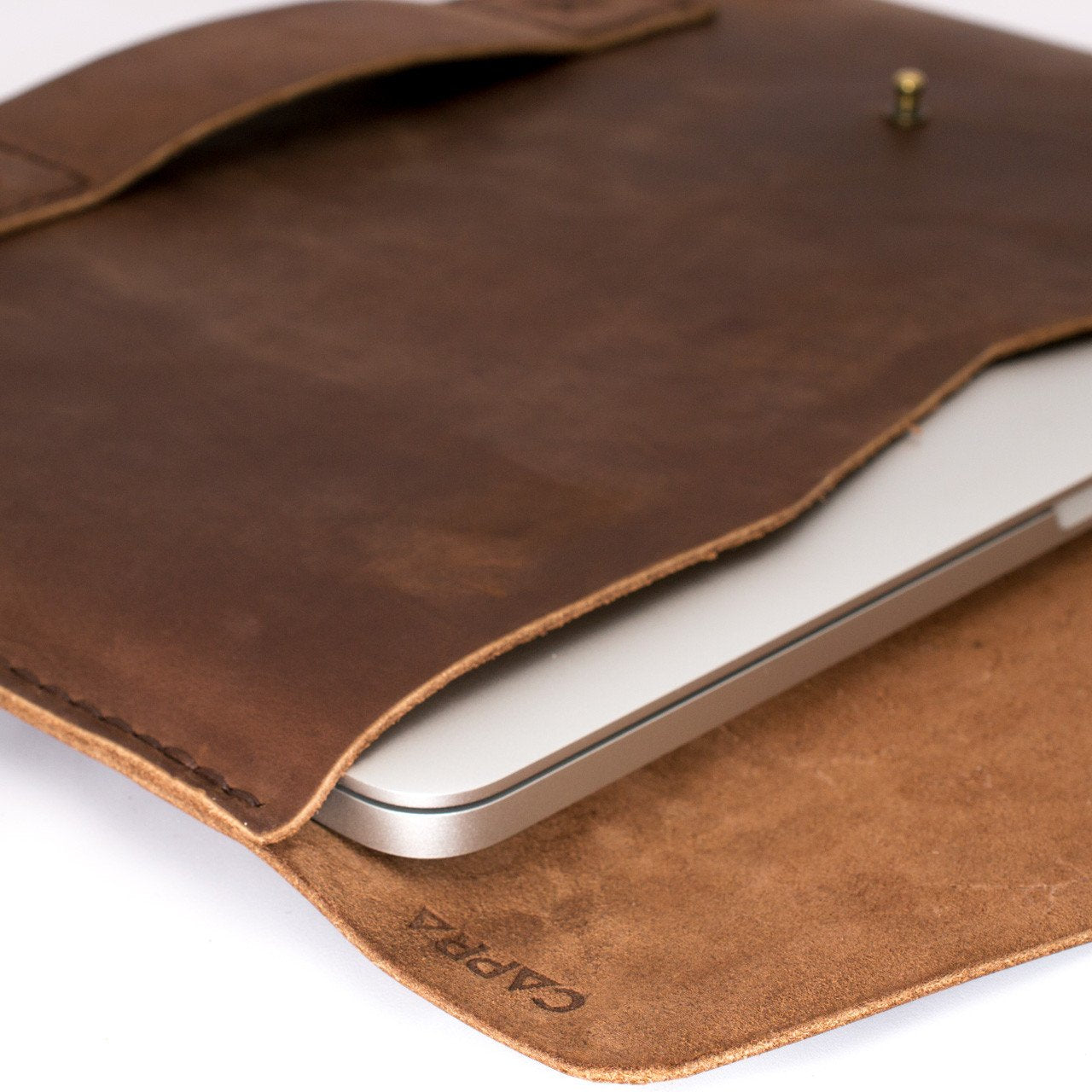 Soft Interior Detail. Canela Leather MacBook Case. Slant MacBook Sleeve by Capra Leather