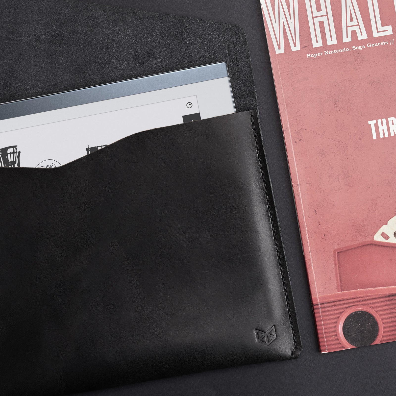 Detail. Black Leather reMarkable 1 Cover Case Sleeve With Marker Holder by Capra Leather