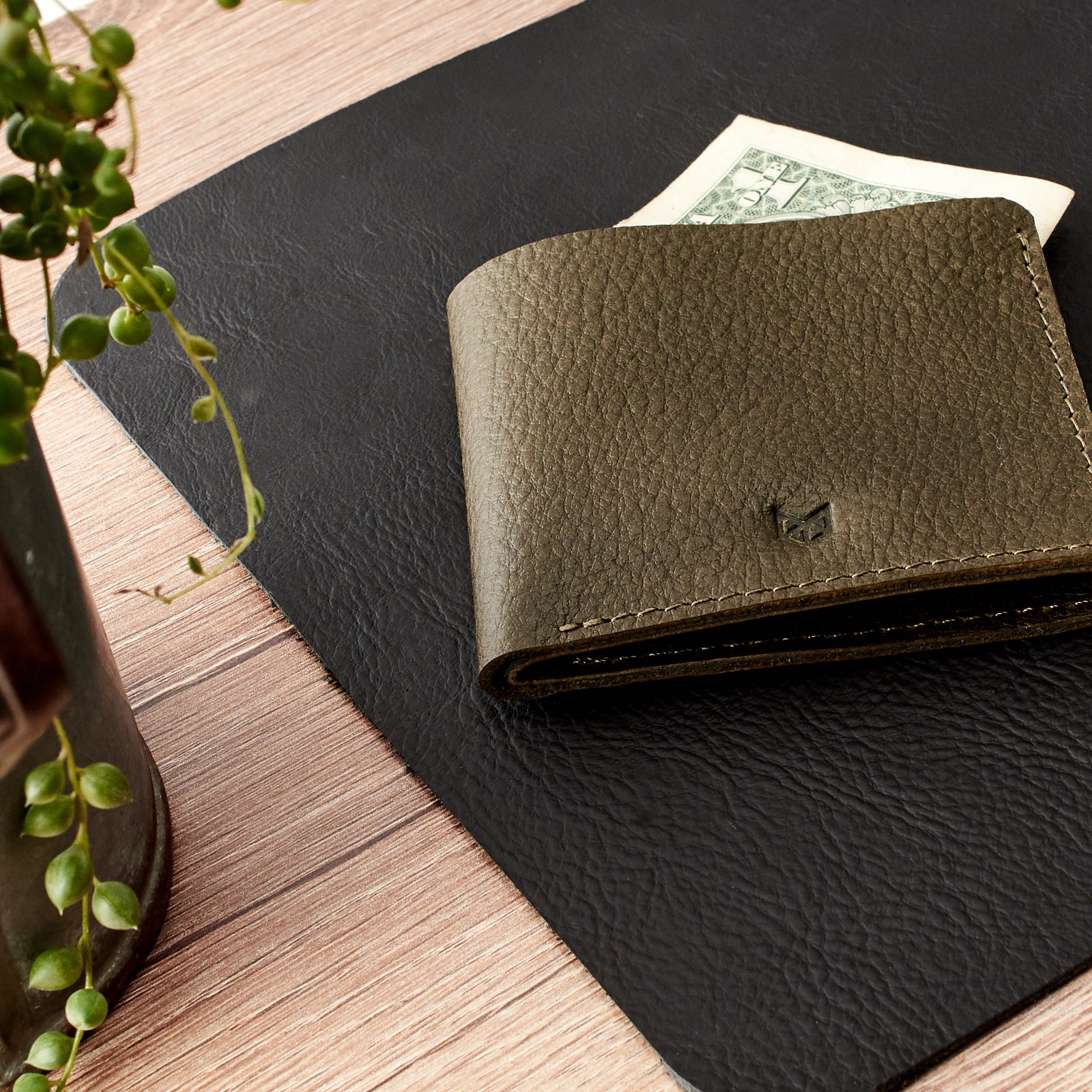 Style. Leather dark green slim wallet, minimalist bifold for mens gifts