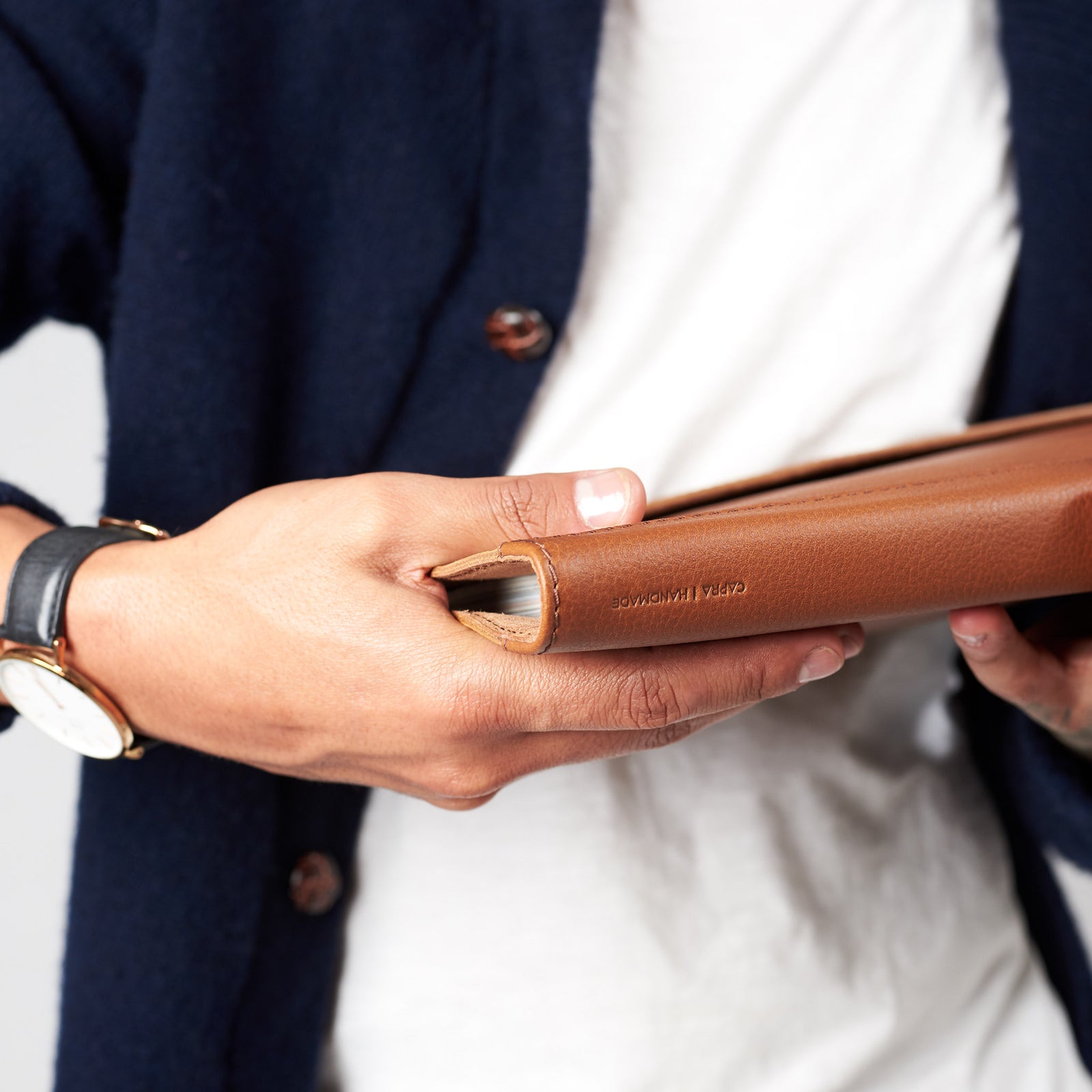 Style close up detail. Tan Laptop Tablet Portfolio. Business Document Organizer for Men by Capra Leather