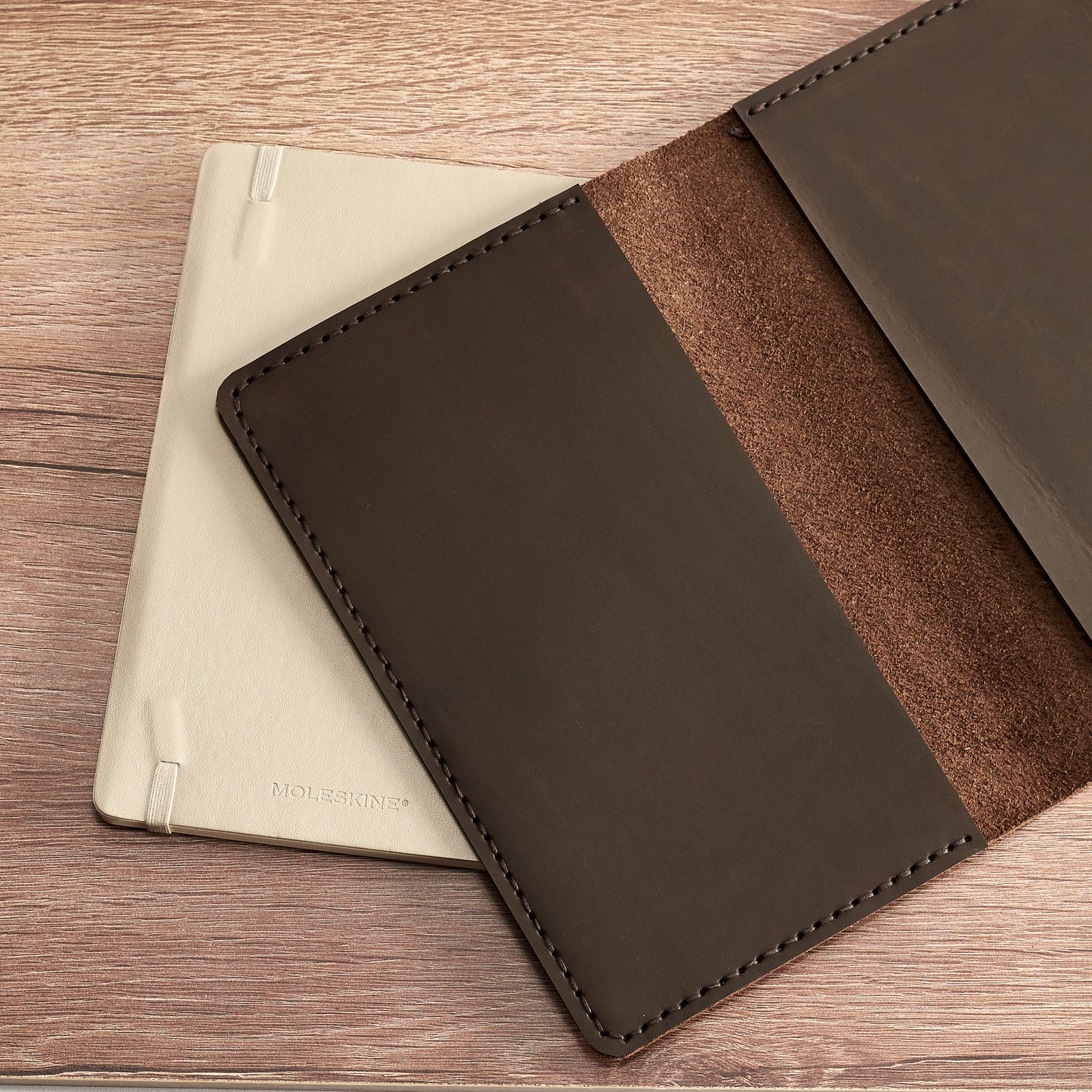 Office style. Entirely hand stitched Moleskine Large and Pocket leather cover. Traveler's journal case. Customize your notebook with our handmade case.