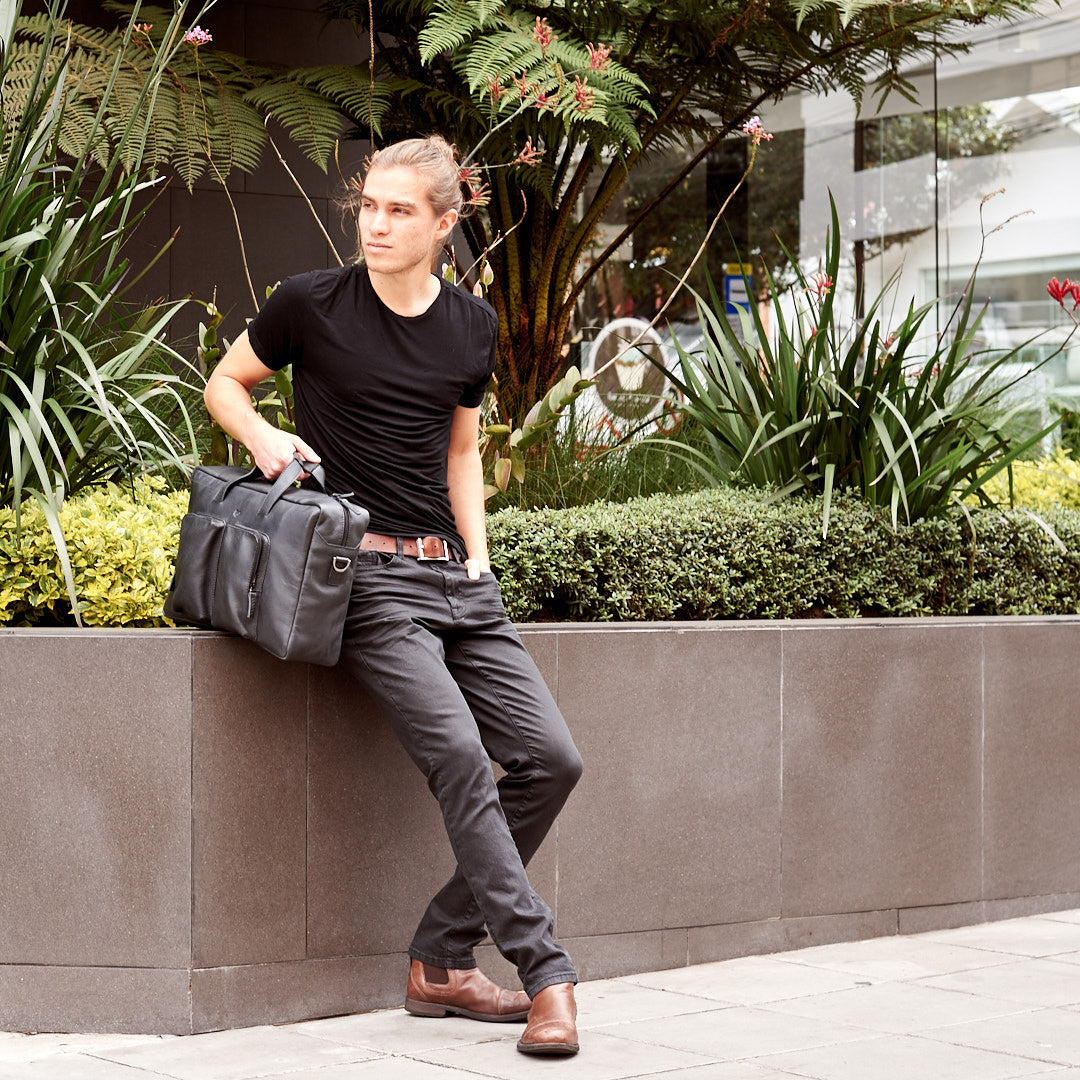 Street Style. Black handmade leather messenger bag for men. Commuter bag, mens weekender bag